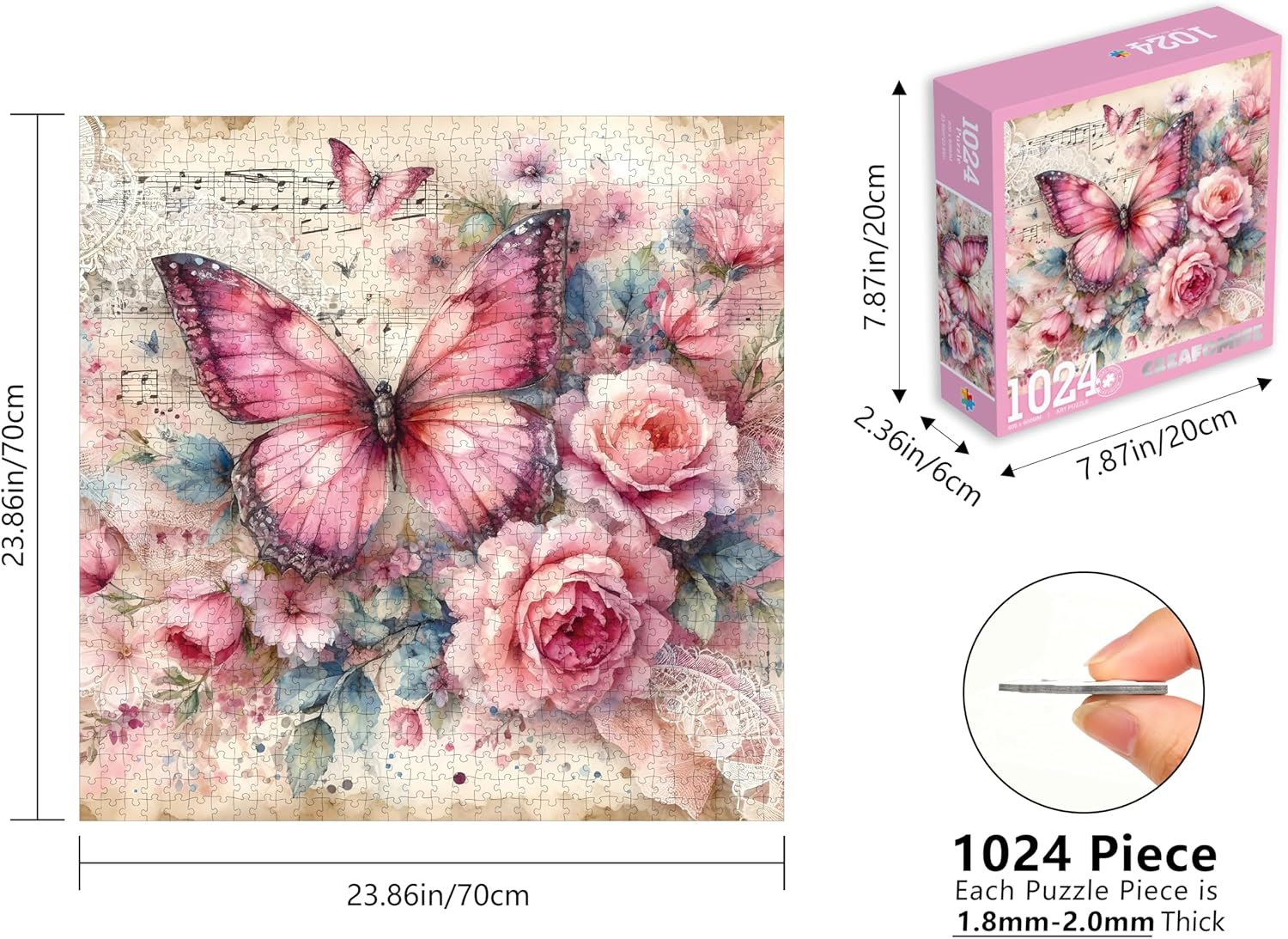 1024 Piece Jigsaw Puzzle for Adults, Hard Difficult Challenging Family Game Large Puzzle, Gift for Puzzle Lovers Pink Butterfly & Flowers (27.5 x 20 Inches)