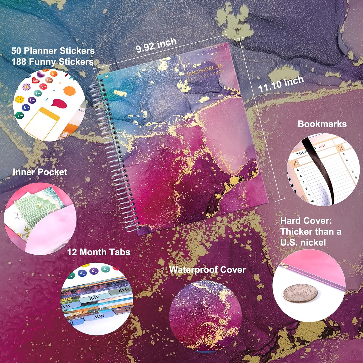 CAGIE 2026 planner weekly and monthly: 12 Months Jan 2026 - Dec 2026 Hardcover Yearly Daily Planner 2026 monthly planner 8.5 x 11, Large Spiral Bound Calendar Planner for Women Weekly Agenda with Tabs Stickers, Purple Marble