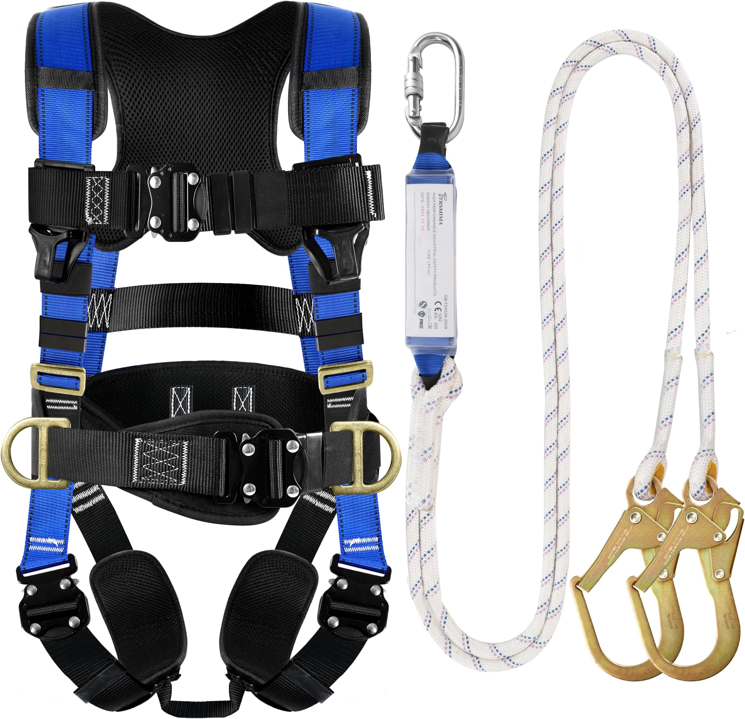 TRSMIMA Safety Harness Fall Protection - Roofing Harness Kit Men Full Body Construction Harness with Lanyard for Work Upgrade 4 Quick Buckles