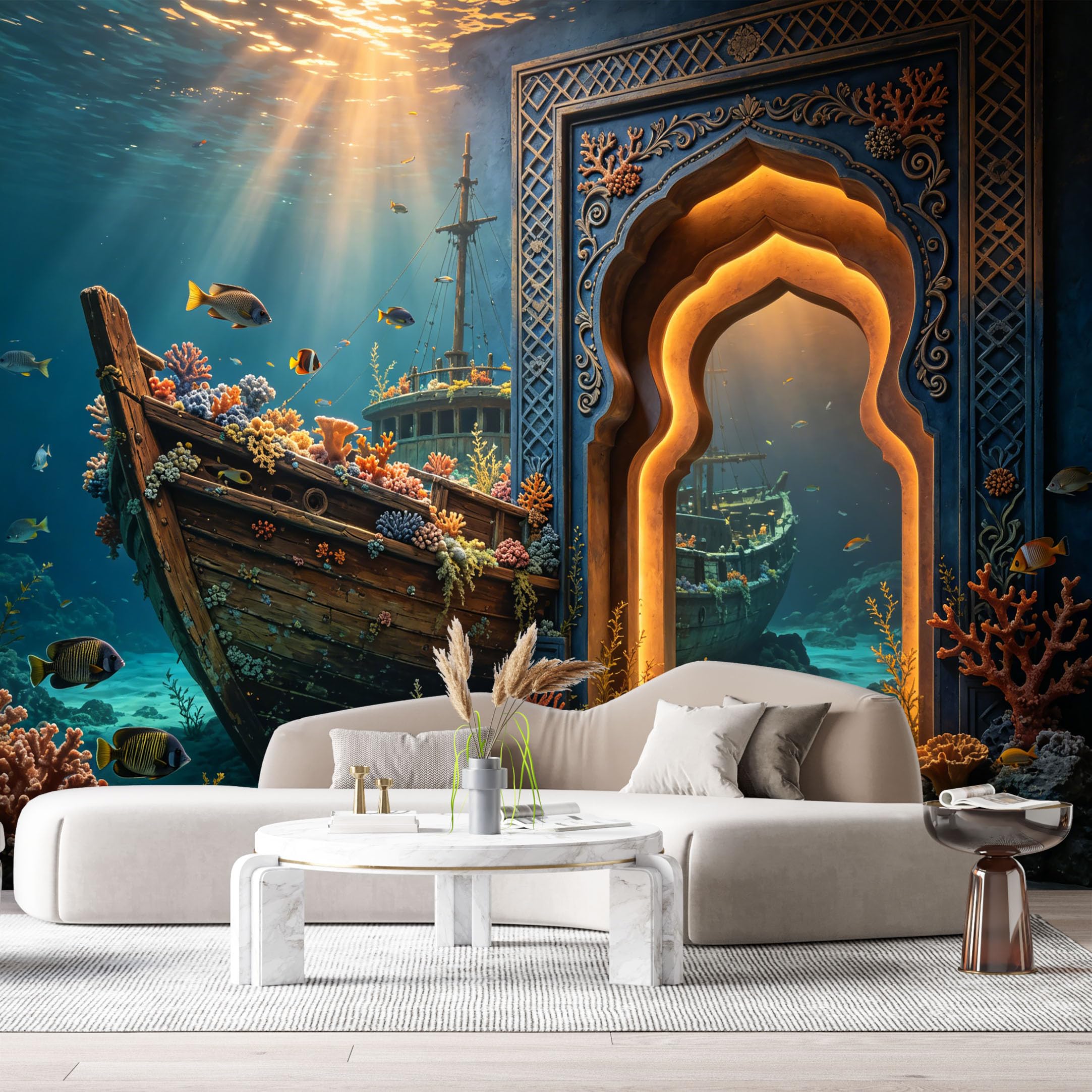 Custom Size Wall Murals Ocean Marine Arch Sunken Shipwreck Oil Painting 3D Trompe L'Oeil SelfAdhesiveWall Fabric Removable Wallpaper Wall Decor for Living Room Bedroom Bathroom