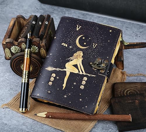 Miniatura 5 de UROOJ HANDICRAFT Celestial Sun & moon Diario de cuero vintage hecho a mano  Papel de borde Deckle, libro de hechizos en blanco de sombras diario