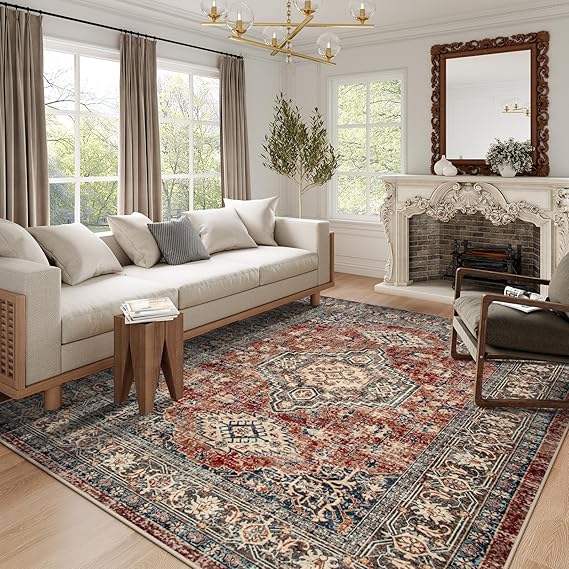 Lahome Oriental Washable Rugs 8x10, Non-Slip Soft 8x10 Rugs for Living Room Bedroom, Stain Resistant Ultra-Thin Vintage Accent Carpet for Dining Room Office Eleanor, Brick Red