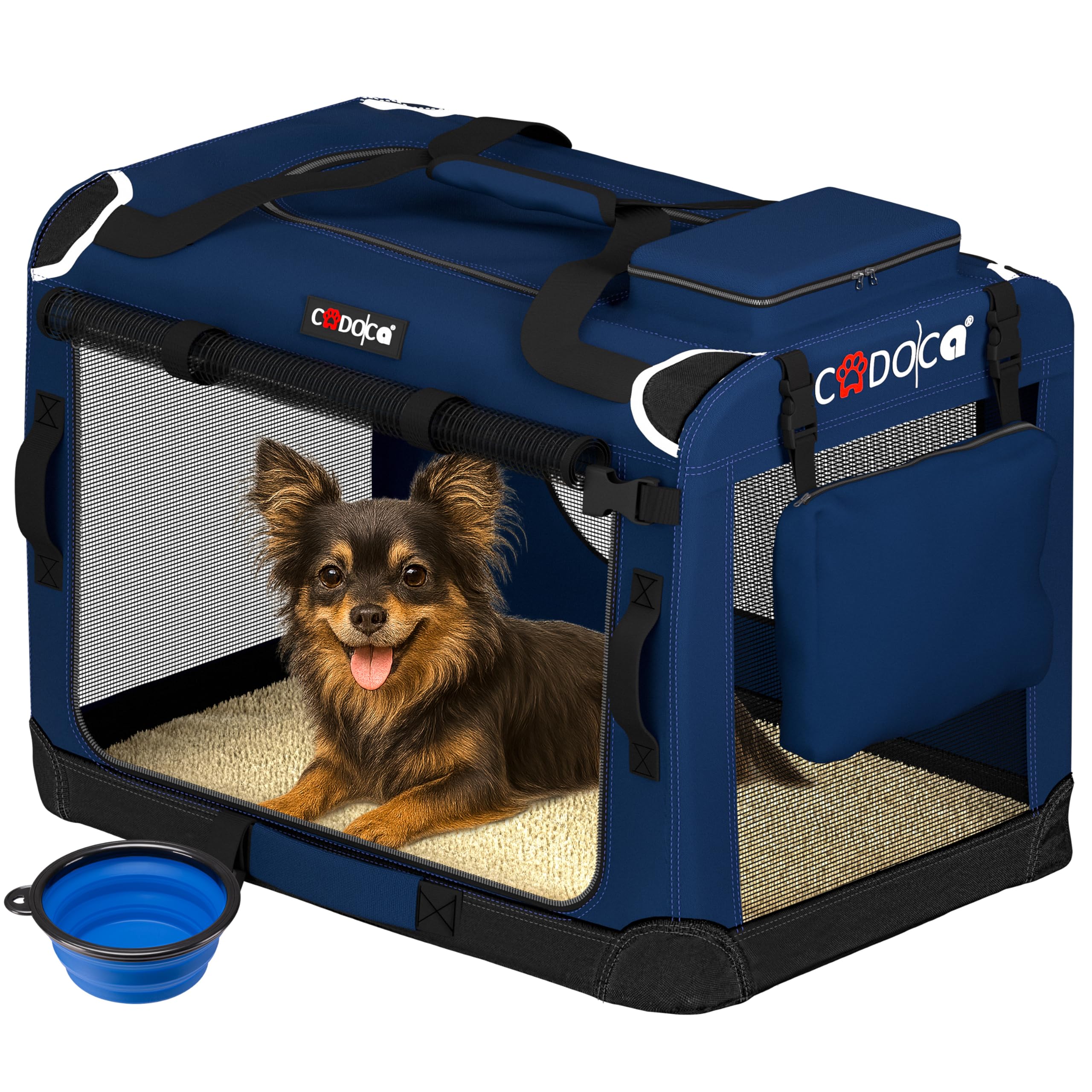 CADOCA® Small Dog Crate - Fabric | Dog Cage Foldable Portable Indoor & Car Travel Pet Carrier for Pets | Lightweight with Mesh Windows | Puppy, Kitten, Dog, Cat Carrier | 50x35x35cm Navy Blue