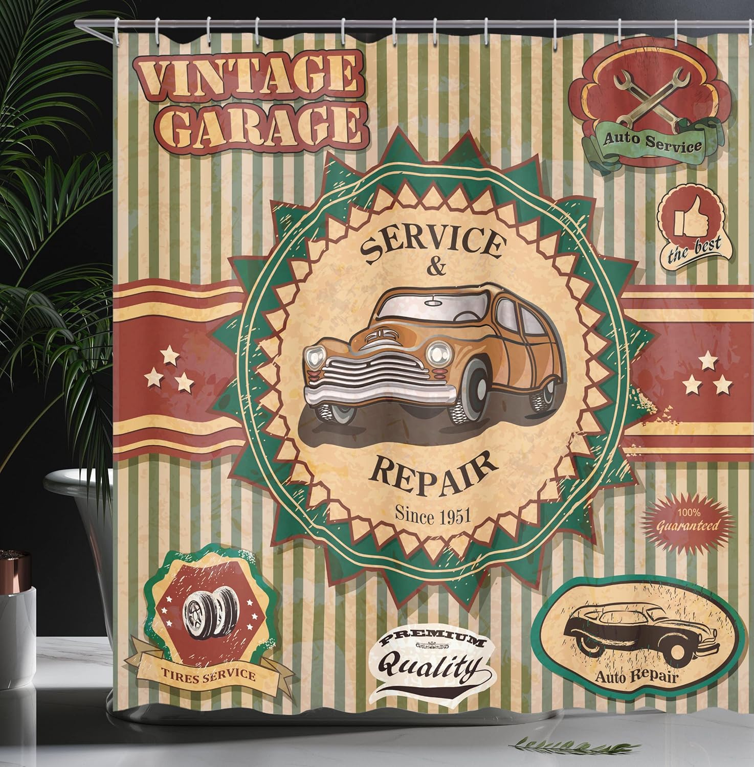 Ambesonne Retro Shower Curtain, Composition of Vintage Retro Car Emblem in Faint Color Sixties Dated Irony Art, Cloth Fabric Bathroom Decor Set with Hooks, 69" W x 84" L, Green Red Cream