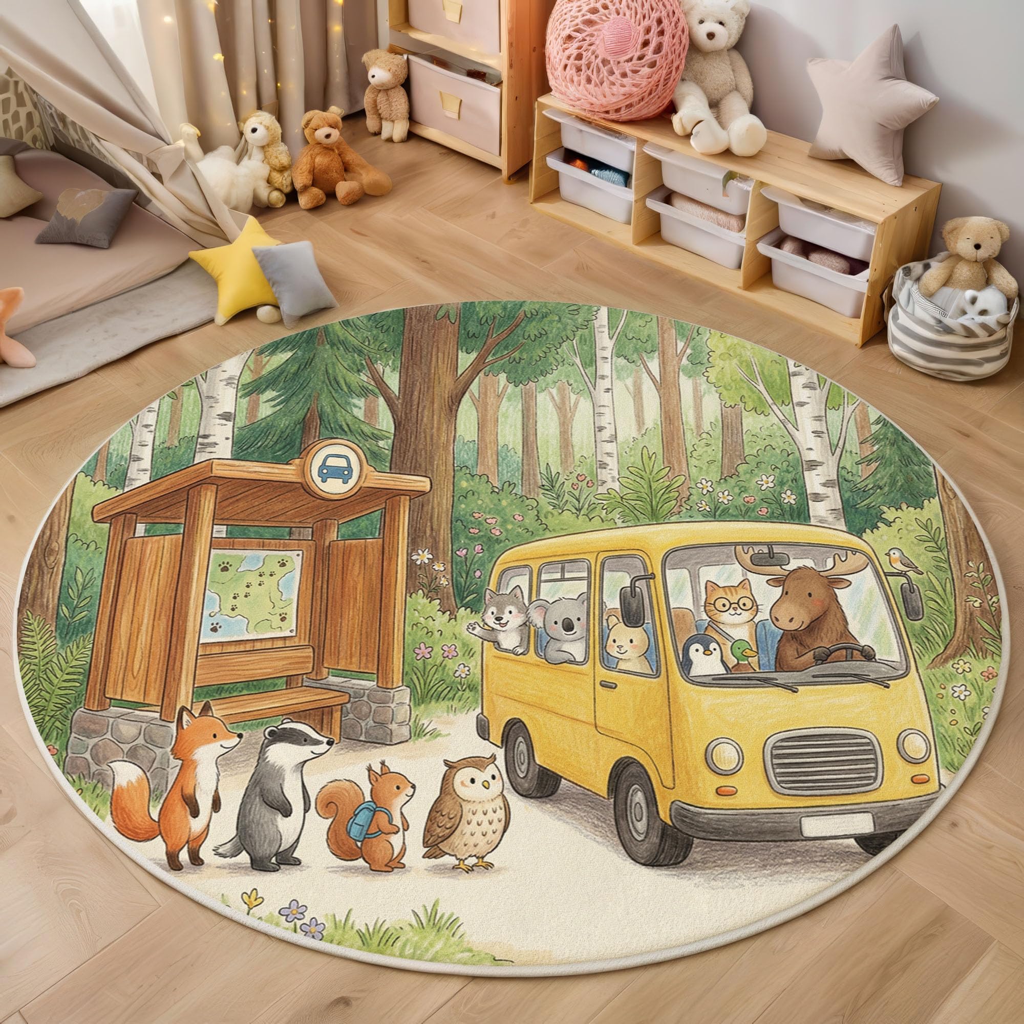 Tappeto Rotondo Bambini In Stile Fiaba Della Foresta Tappeto a Pelo Corto Fox Bus Antiscivolo, Lavabile In Lavatrice per Salotto, Cameretta dei Bambini, Dimensione: 140cm, Verde