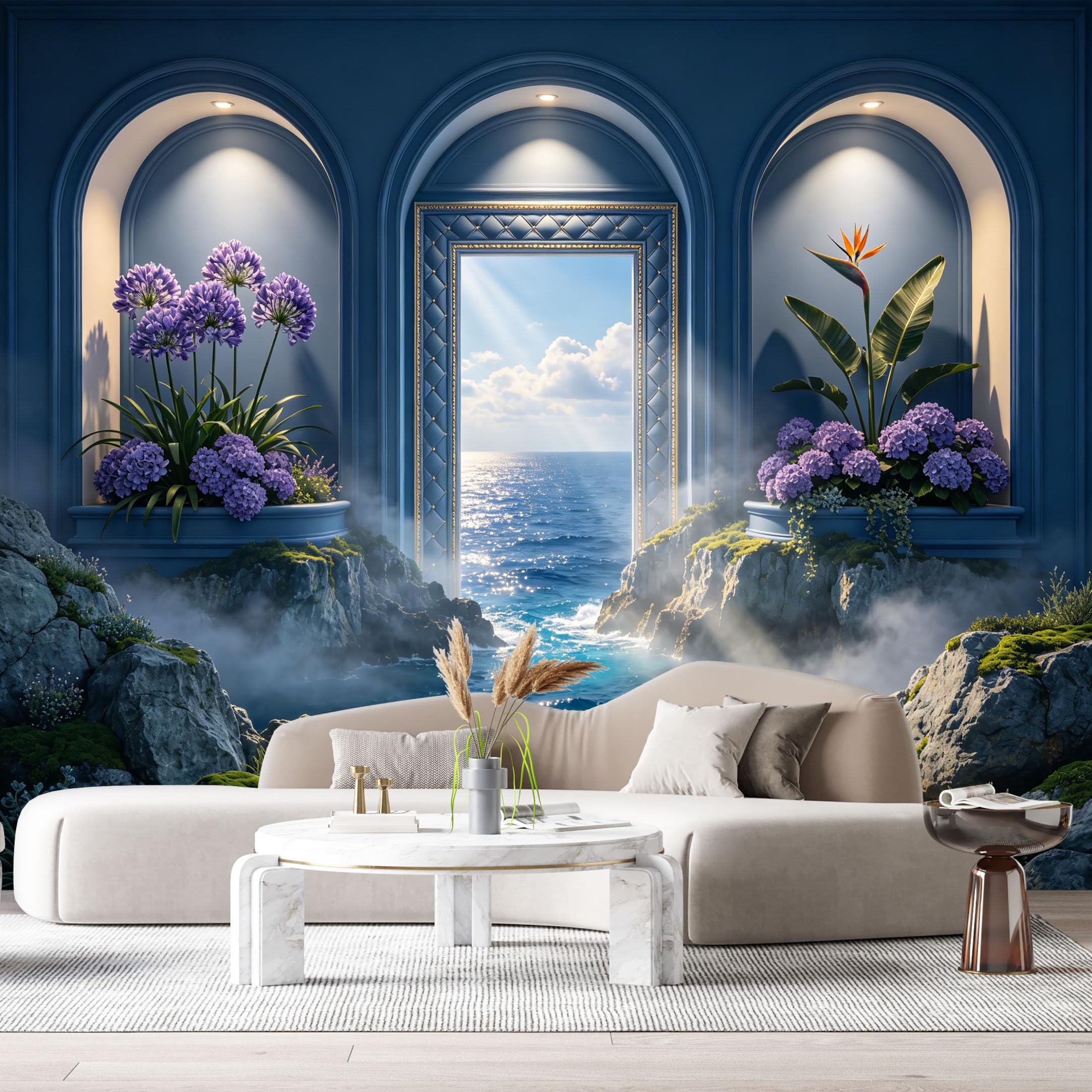 Custom Size Wall Murals Coastal Ocean Marine 3D Trompe L'Oeil Mediterranean Archway Flowers SelfAdhesive Wall Fabric Removable Large Wallpaper for Photo Living Room