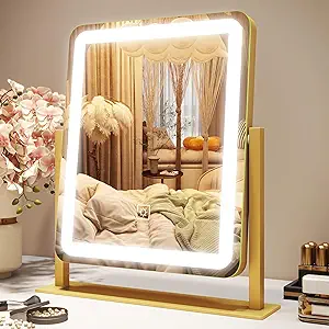 Vanity Mirror with Lights, 12.6"×15" LED Makeup Mirror, Lighted Makeup Mirror with Lights, Smart Touch Control Dimmable 3 Modes Light, Lighted Up Mirror for Makeup Desk, Gold