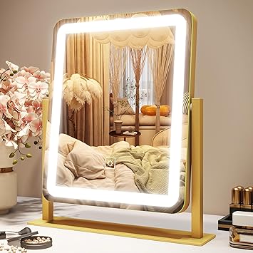 Vanity Mirror with Lights, 12.6"×15" LED Makeup Mirror, Lighted Makeup Mirror with Lights, Smart Touch Control Dimmable 3 Modes Light, Lighted Up Mirror for Makeup Desk, Gold