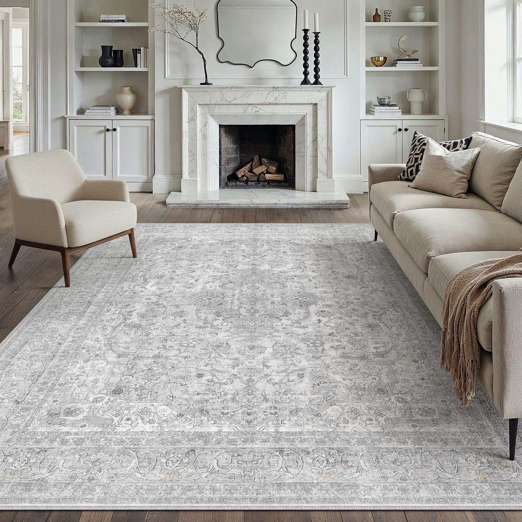 PureCozy Teppich Wohnzimmer 200x300cm Waschbarer Vintage Grau Wohnzimmerteppich kurzflor rutschfest Weich Groß Retro Carpet für Schlafzimmer Esszimmer Bedroom Büro Living Room