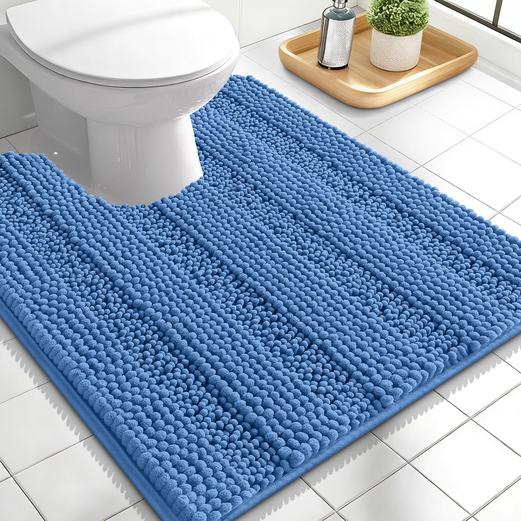 OLANLY Thick Toilet Rugs U-Shaped 24x20, Chenille Bath Mat, Cornflower Blue