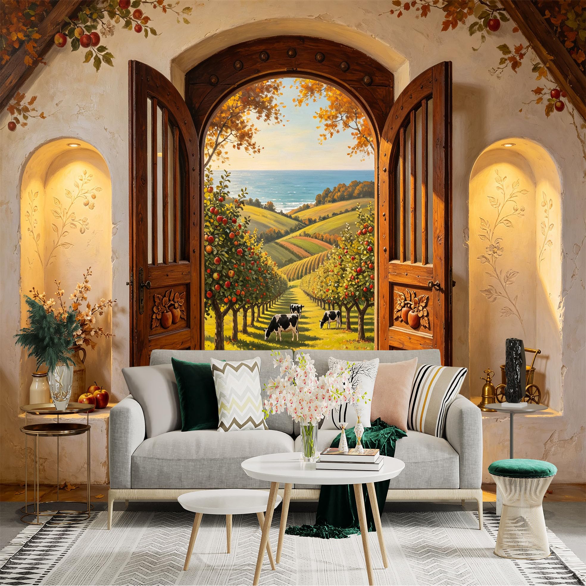 Custom Size Wall Sticker Mural， Rustic Farmhouse Orchard， Countryside Landscape and Wooden Door View， for wall Decoration， peelandstick wall Decals.