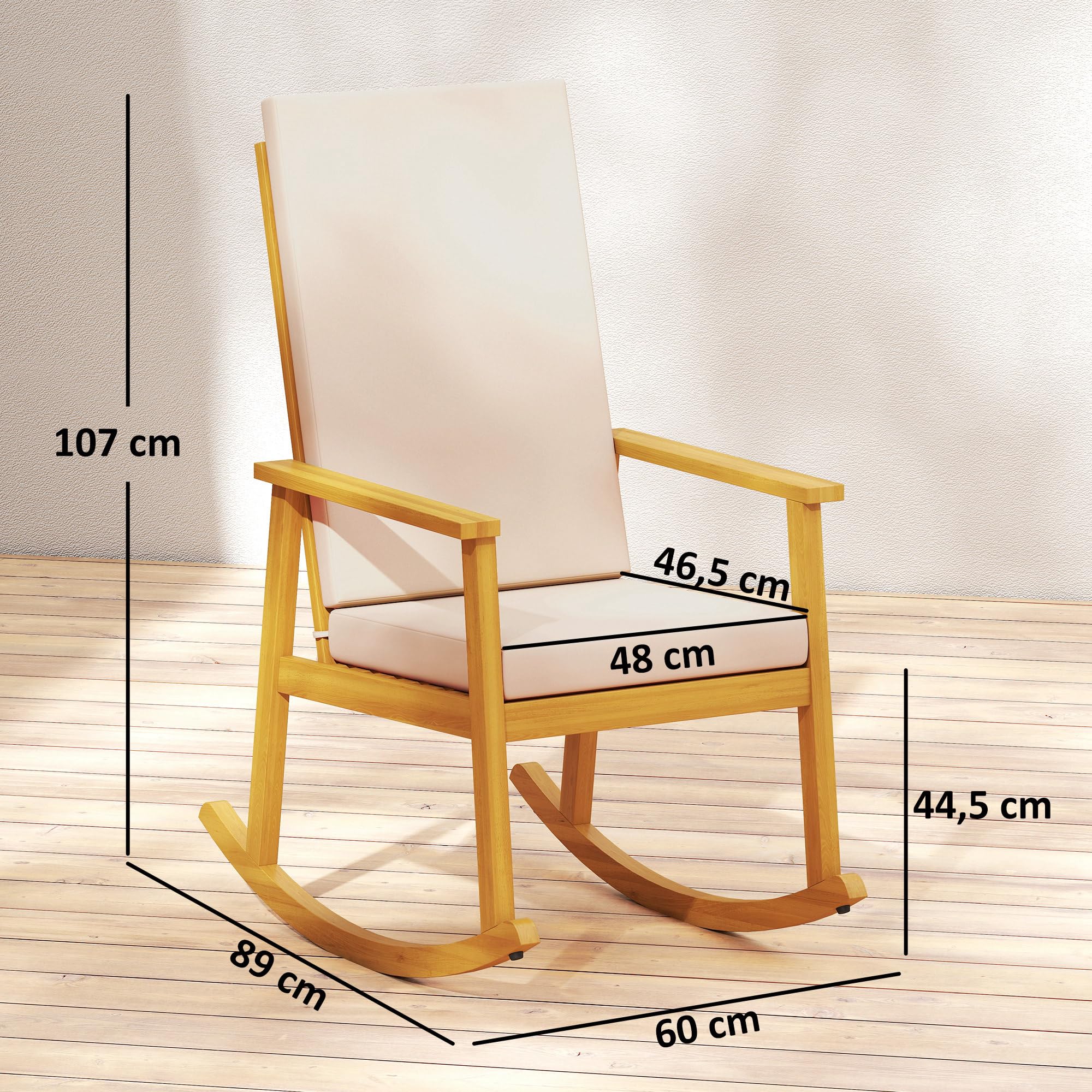 Outsunny Schaukelstuhl aus Akazienholz Schaukelsessel mit hoher Rückenlehne Kissen, Gartenstuhl bis 160 kg Outdoor Relaxstuhl Schwingsessel für Garten Balkon Hof Terrasse 60 x 89 x 107 cm Beige