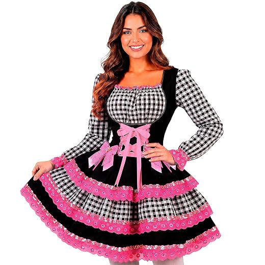 Vestido Festa Junina Adulto Feminino Xadrez Manga Longa Ajustável Afina Cintura Saia Super Rodada (BR, Alfa, XGG, Regular, Regular, Preto e Pink)