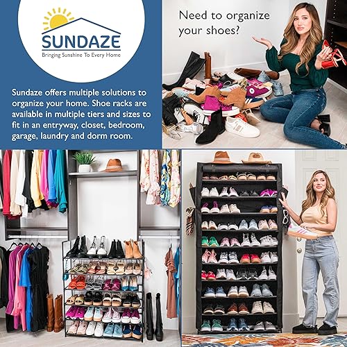 Miniatura 6 de Sundaze Zapatero con tapa, zapatero de 10 niveles para entrada de puerta delantera, organizador de zapatos alto resistente para dormitorio, armario,