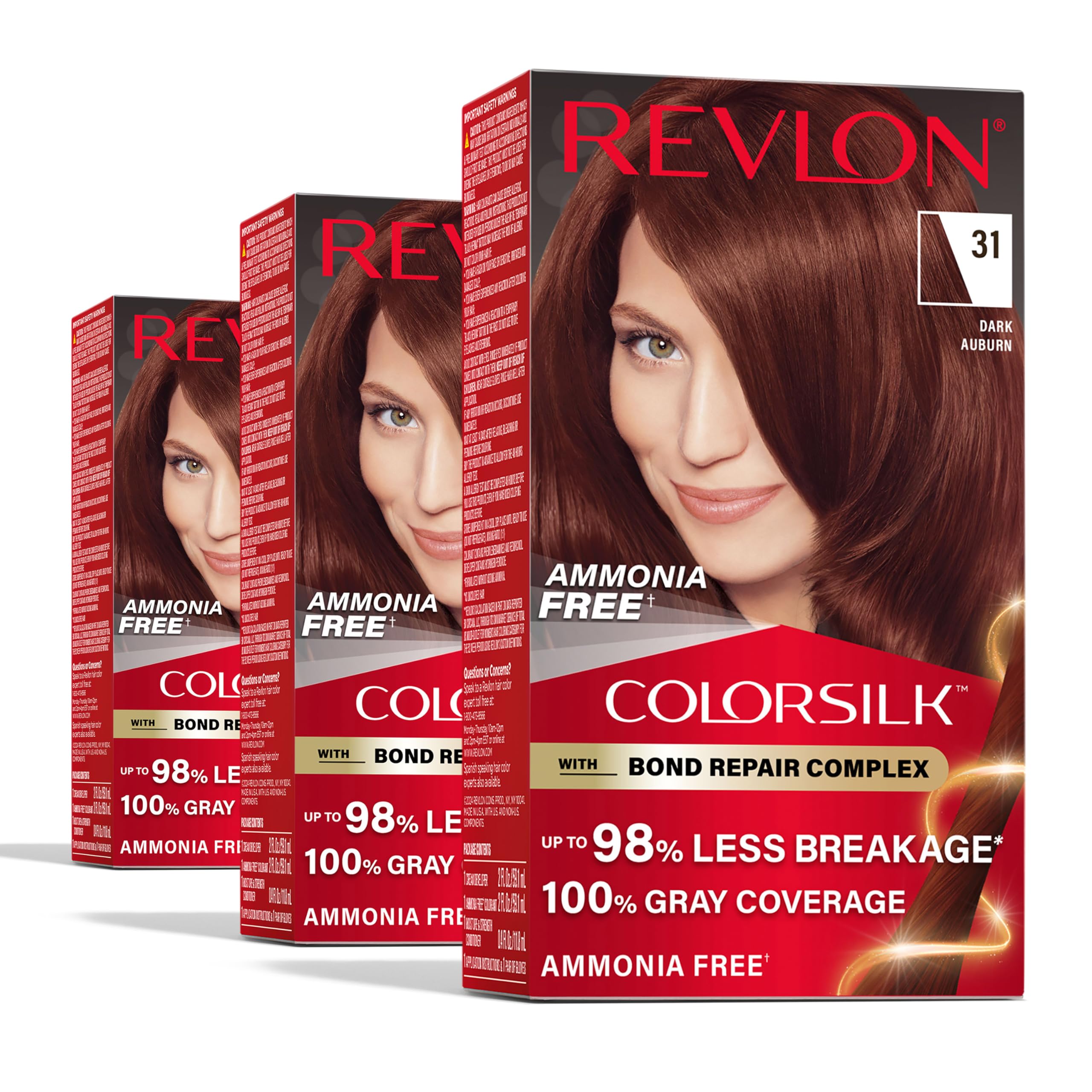 Revlon ColorSilk with Bond Repair Complex, Auburn Permanent Hair Color, 100% Gray Coverage, Ammonia Free Hair Dye, Vegan Keratin, 31 Dark Auburn (Pack of 3)