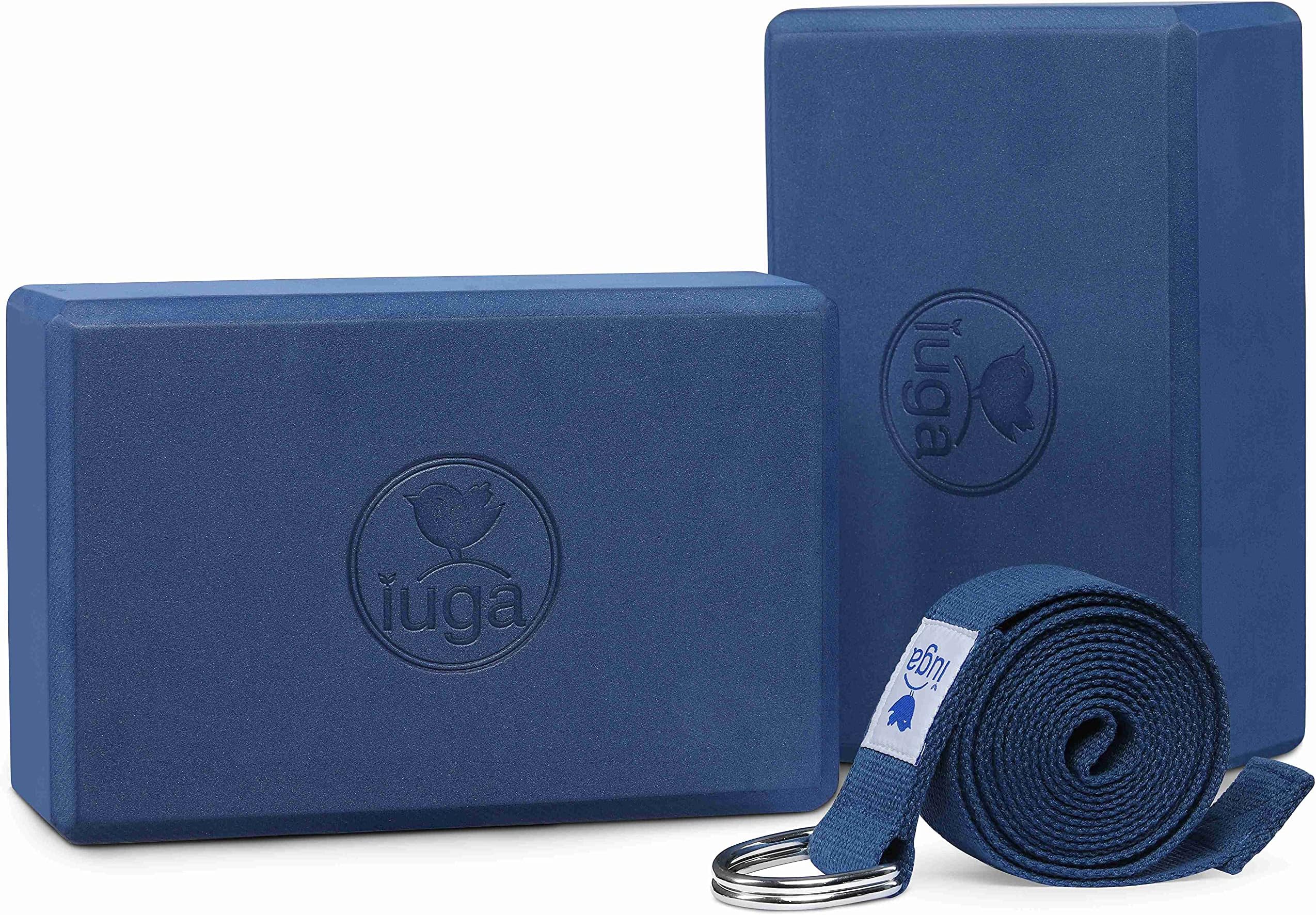 IUGA Yoga Blocks 2 Pack With Strap Non Slip High Density 9"x6"x3" Solid & Cork Yoga Block With Yoga Strap to Improve Strength Balance for Yoga Pilates Meditation