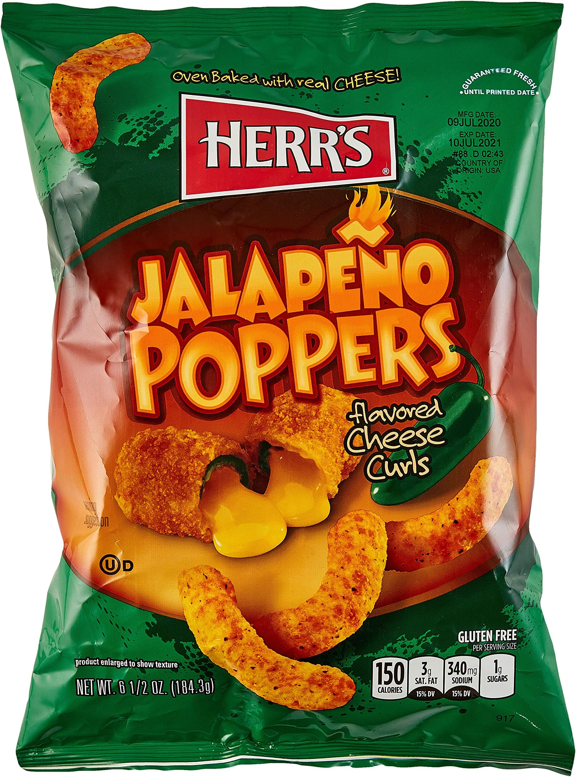 Herr's Jalapeño Poppers Flavored Cheese Curls - Made with Cheddar Cheese - 7 Ounce (Pack of 3) Great for Bold Flavor Fans