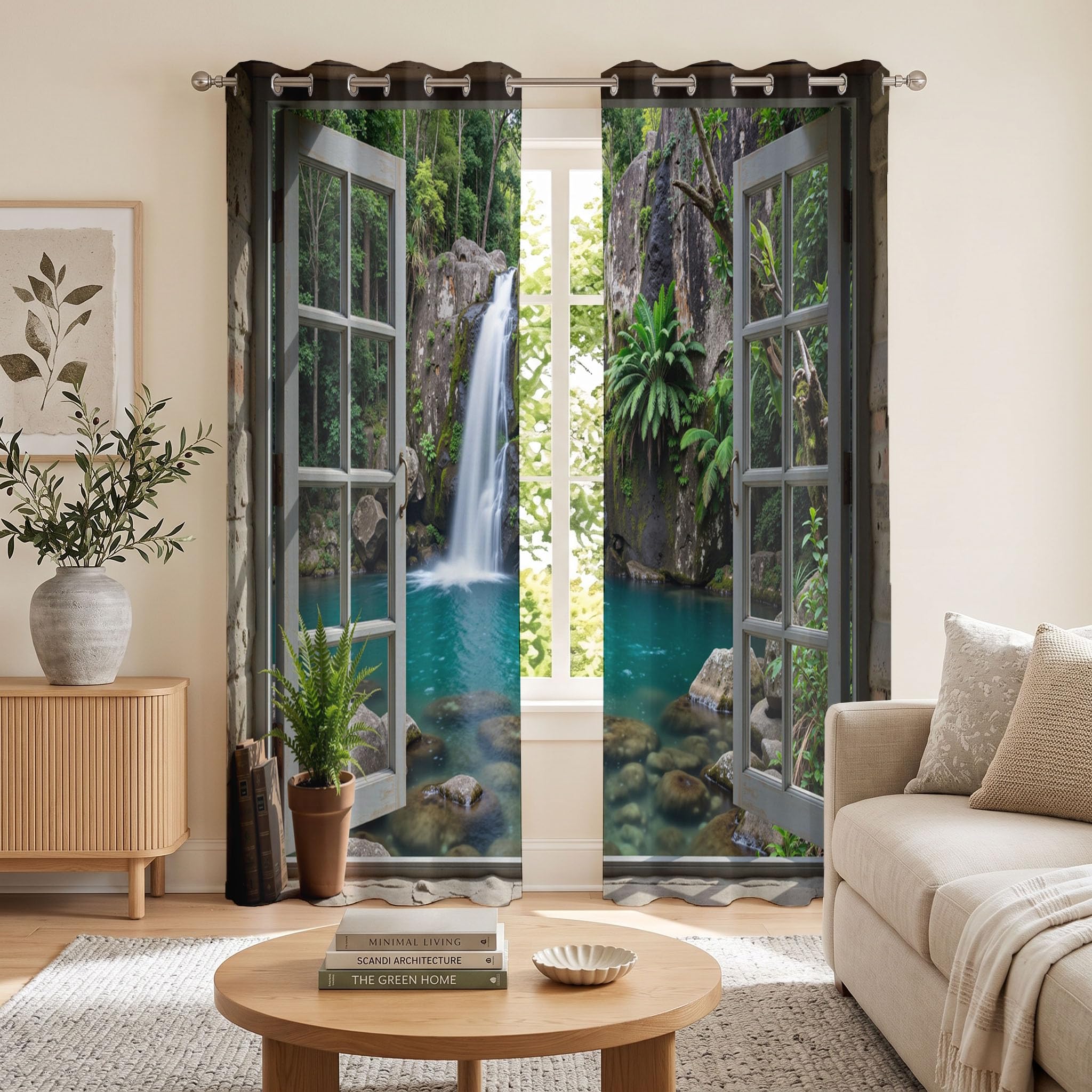 Rideau Occultants sur La Cascade La Jungle Depuis La Fenêtre Vert 140X160 Cm (Lxh) | Rideau Opaque Thermiques Cascade Fougères Fenêtre pour Chambre d'enfant,Lot De 2 Draperies Intérieurs À Oeillets