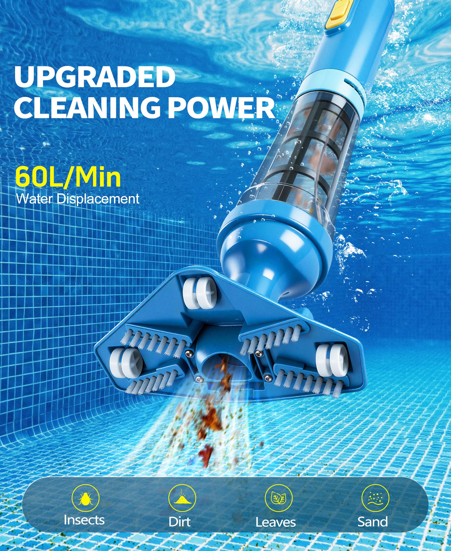 LanBlu Aspirador de Piscina con Pértiga Telescópica, 5200mAh Aspirador Piscina Bateria Tiempo de Funcionamiento hasta 90 Minutos, 60L/Min Potente Succión Aspiradora Piscinas Fondos para SPA Piscinas