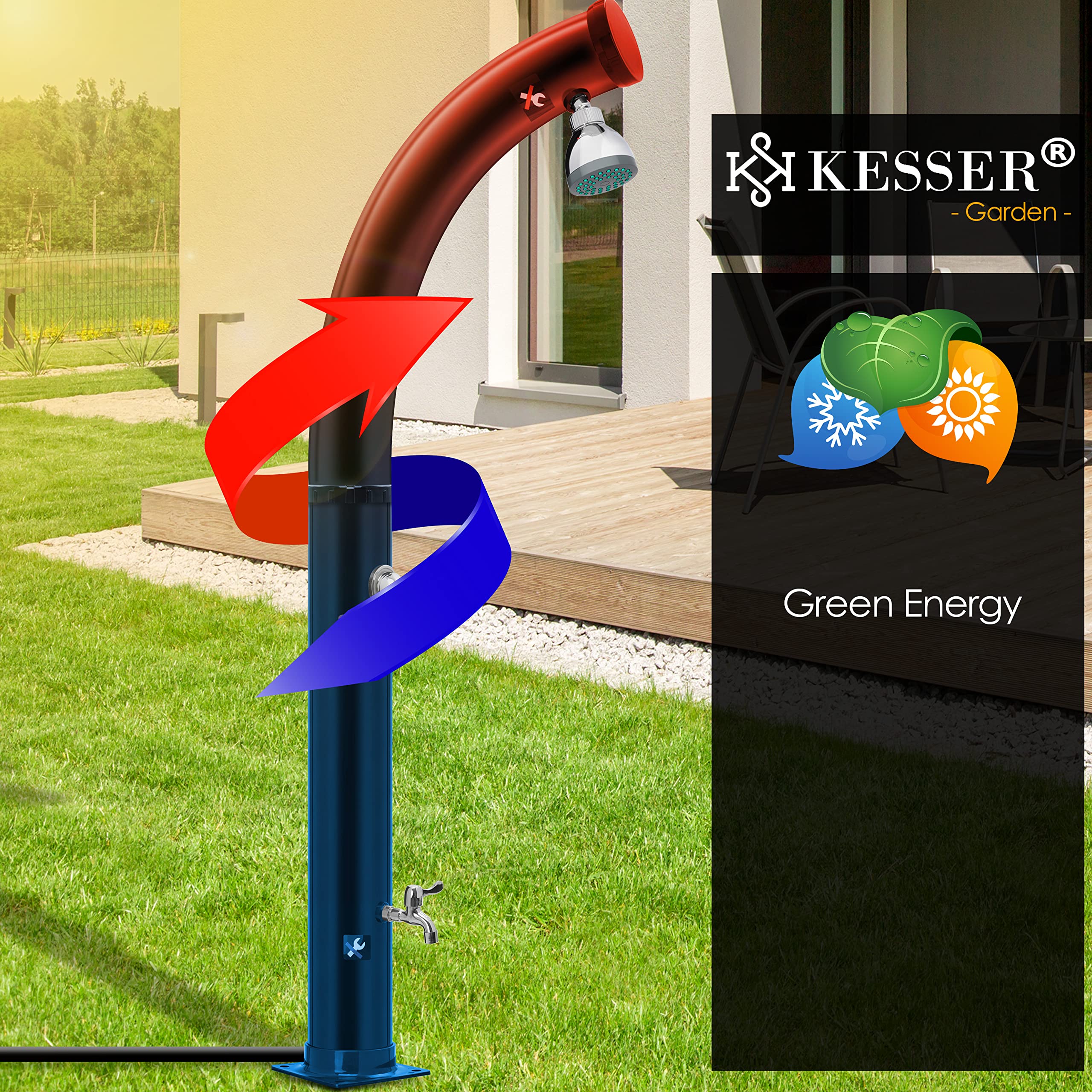 KESSER® Ducha solar de jardín, Arco de ducha solar incluido. Capó de protección agua caliente | 20 litros | Máximo 60 °C sin conexión a la red eléctrica | Ducha de piscina Camping