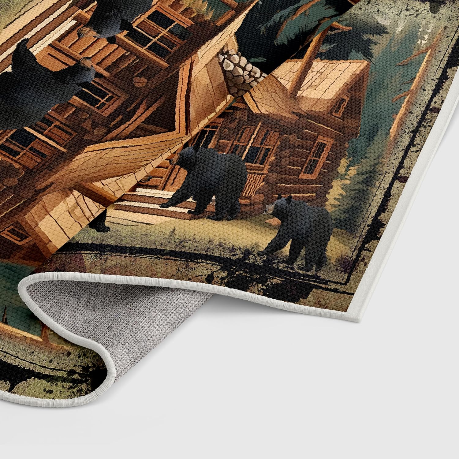 Black Bear Area Rug Vintage Rustic Log Cabin Jungle Pine Background Drip Ink Border Design Children's Crawling Non-Slip Floor Mat for Living Room Dining Room Bedroom Kids Room 2x4ft