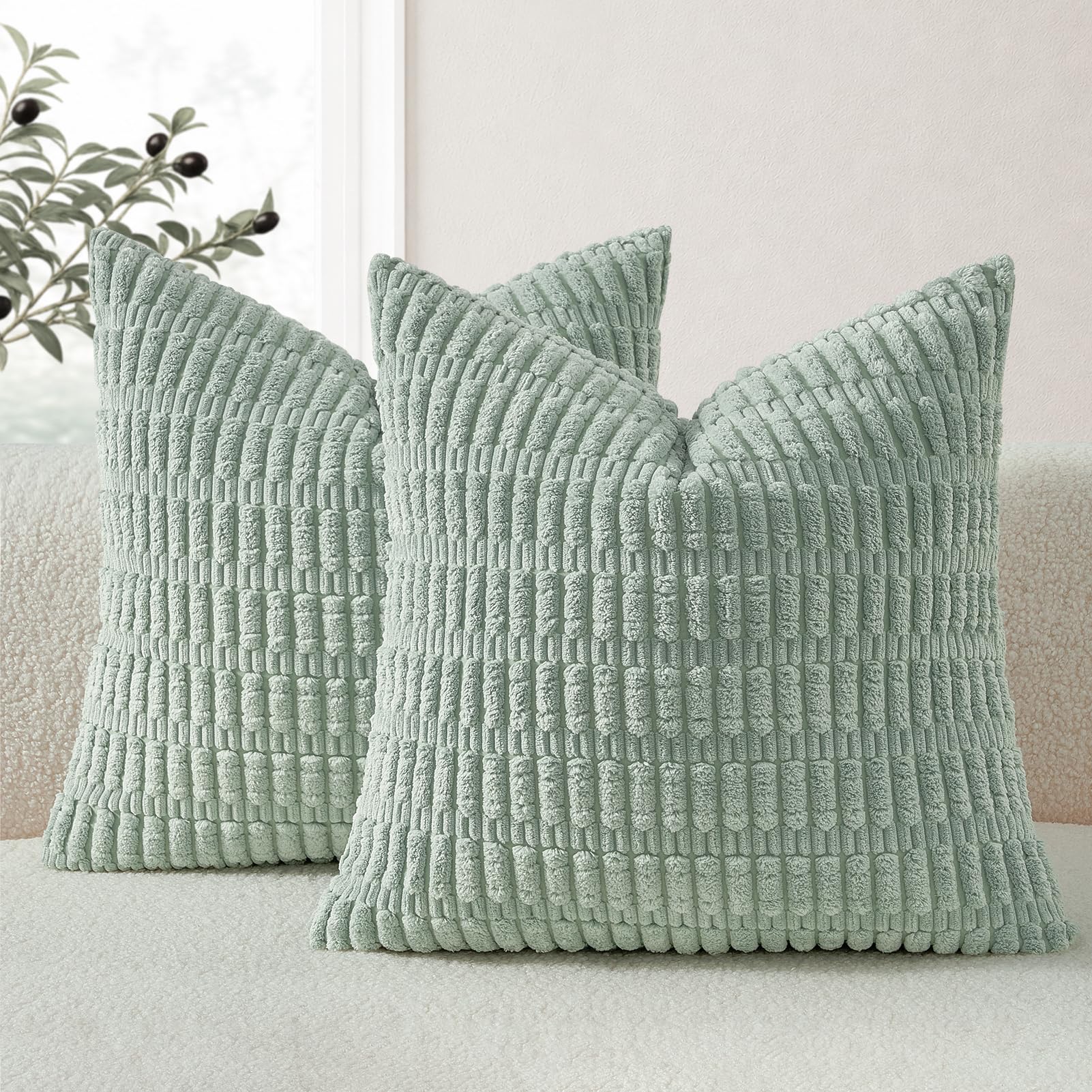 Topfinel Mint Green Cushion Covers 45 x 45 Corduroy Decorative Fluffy Pillows Cases Cushions Cover 18x18 inches with Invisible Zipper for Sofa Bed Livingroom Bedroom Pack of 2 โ image 1