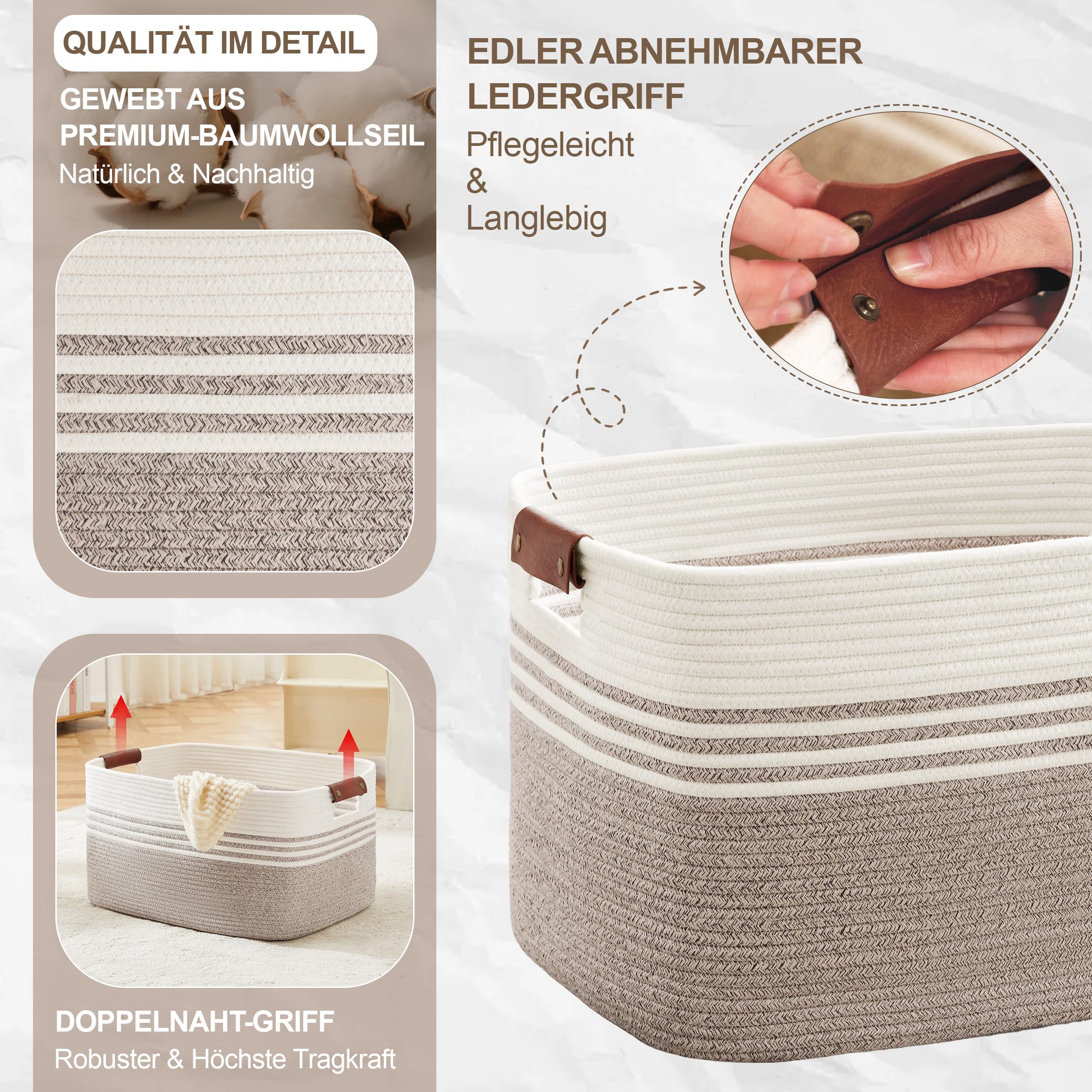 Wäschekorb Geflochten Groß aus Baumwollseil, 72L Aufbewahrungskorb mit Lederhenkeln, Korb für Decken, Kleidung, Spielzeug, Laundry Basket für Kinderzimmer Wohnzimmer, 55 x 43 x 30 cm, Weiß und Braun - 3