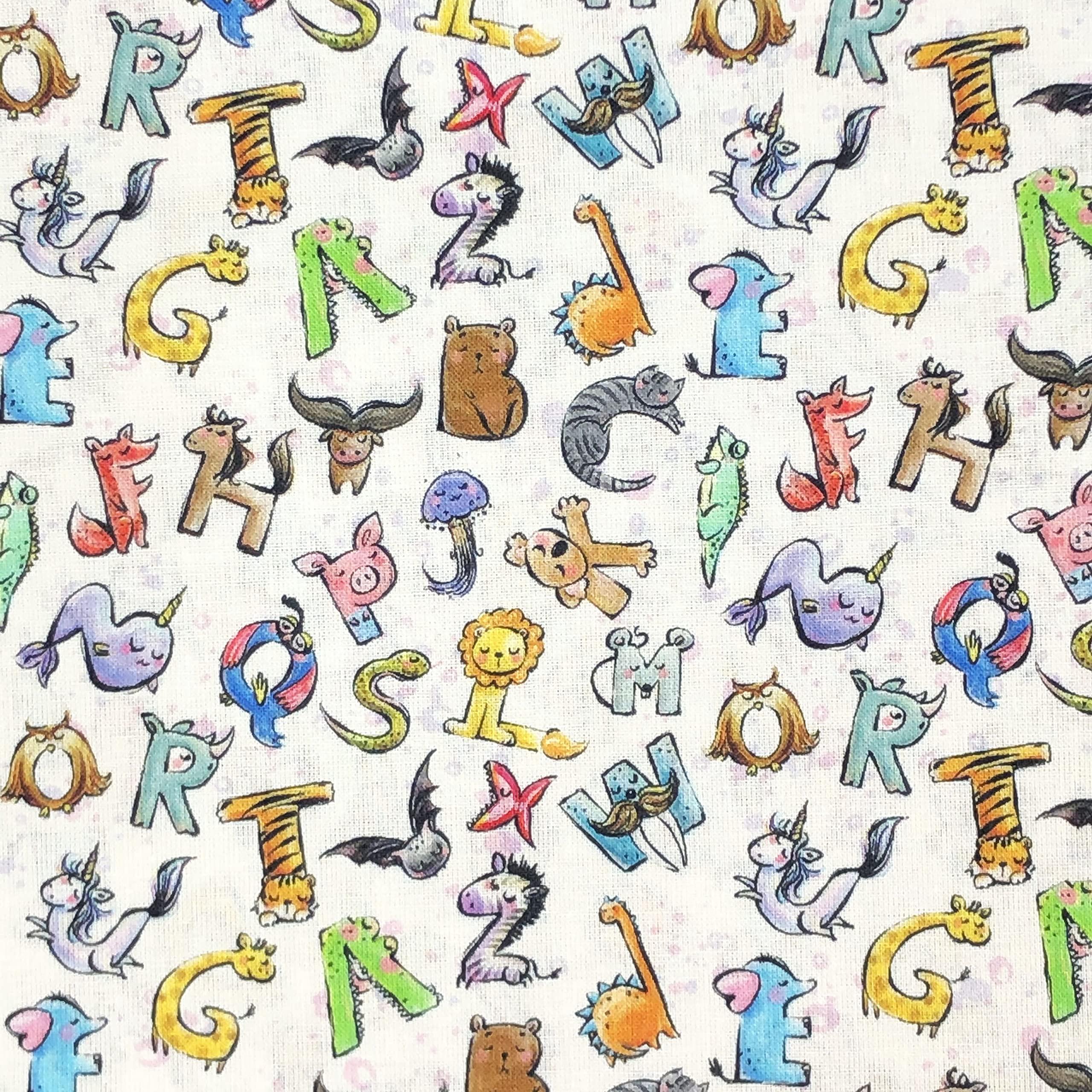 Discover Lifestyle & Fashion Fabrics Multicolor 100% Cotton Animal Alphabet Design Children Kids Craft Fabric Material | 55'' - 140 Cm Wide (Per Quarter Metre)