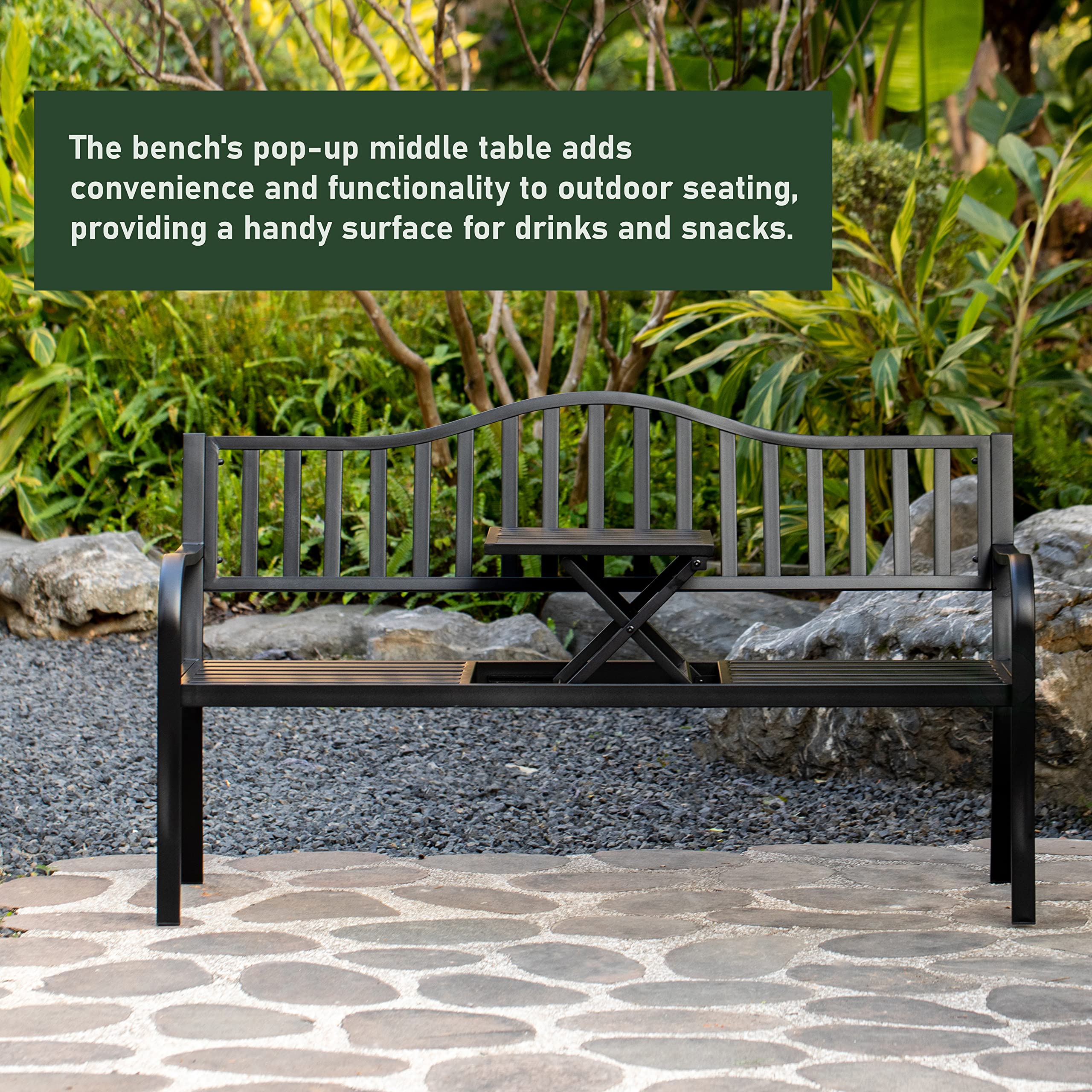 QI003461L Banco de parque de acero con recubrimiento en polvo para exteriores, banco de jardín con mesa central emergente, banco de asiento para decoración de césped para patio, jardín, 9