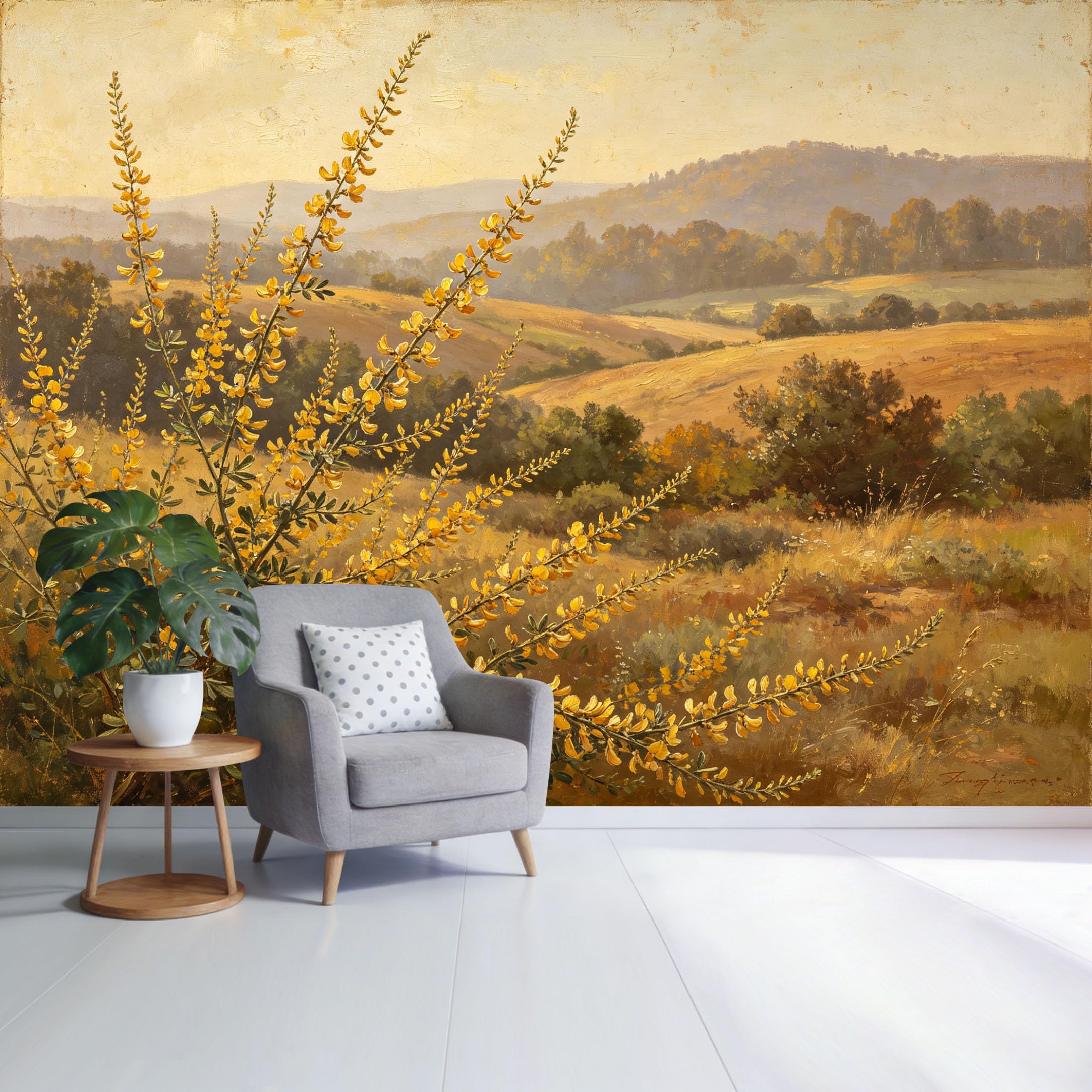 Custom Size Wall Mural Golden Wildflower Meadow Landscape with Hills Oil Painting Style SelfAdhesive Wall Fabric Removable Wallpaper for Home Office Decor
