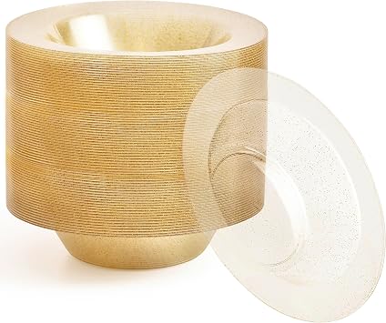 MATANA 25 Premium Clear Hard Plastic Bowls with Gold Glitter, 360ml - Sturdy & Reusable - Soup Bowls, Dessert Bowls for Weddings, Birthdays, Picnic, Buffet, Catering, Parties