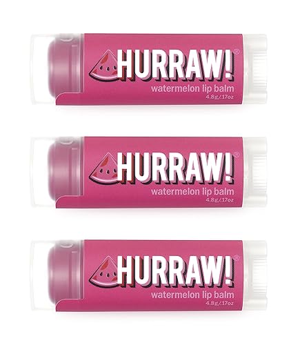 Hurraw! Bálsamo labial de sandía, paquete de 3: orgánico, certificado vegano, sin crueldad y sin gluten. Sin OMG, ingredientes 100% naturales. Sin