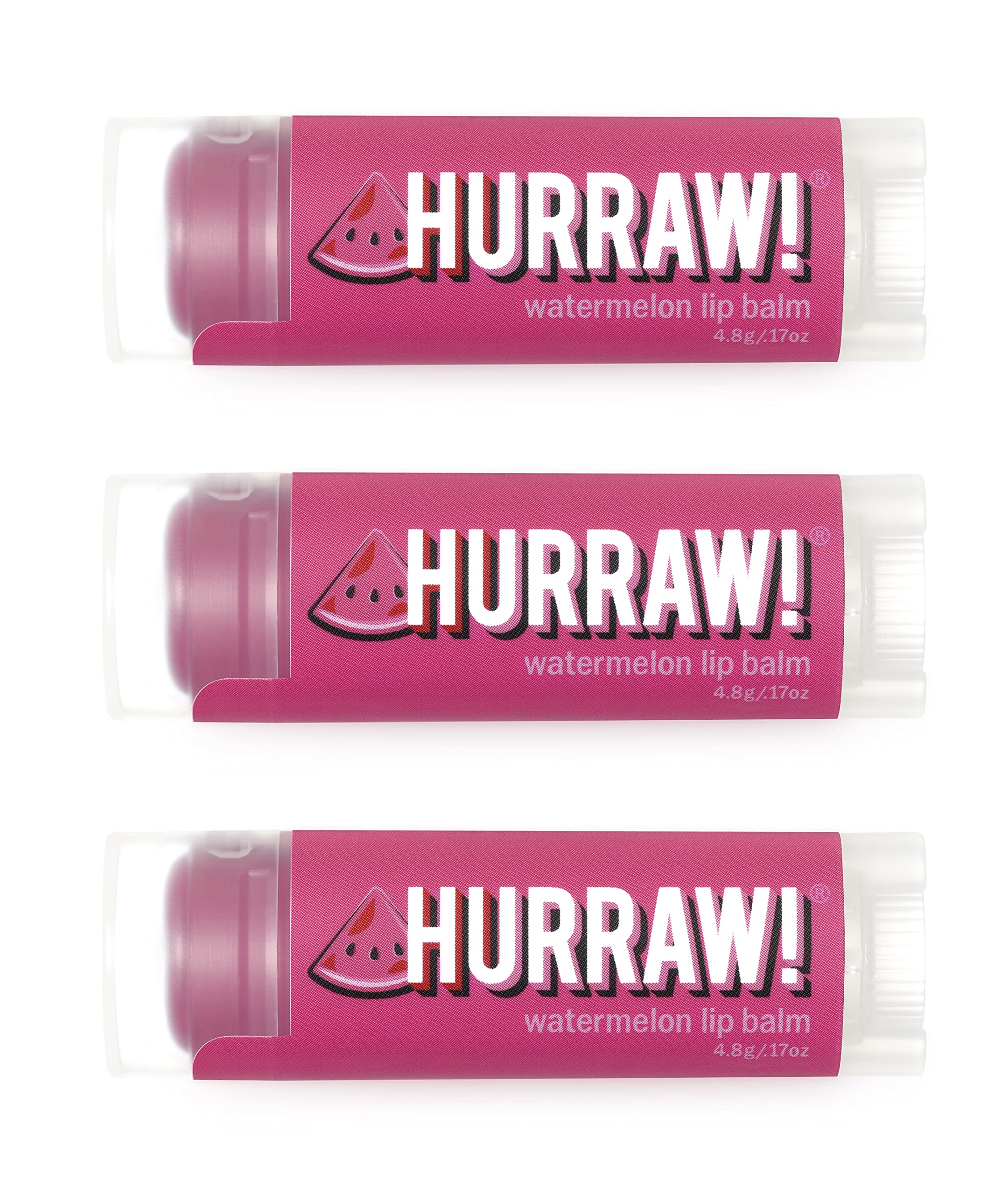 HURRAW!Watermelon Lip Balm, 3 Pack: Organic, Certified Vegan, Cruelty and Gluten Free. Non-GMO, 100% Natural Ingredients. Bee, Shea, Soy and Palm Free. Made in USA