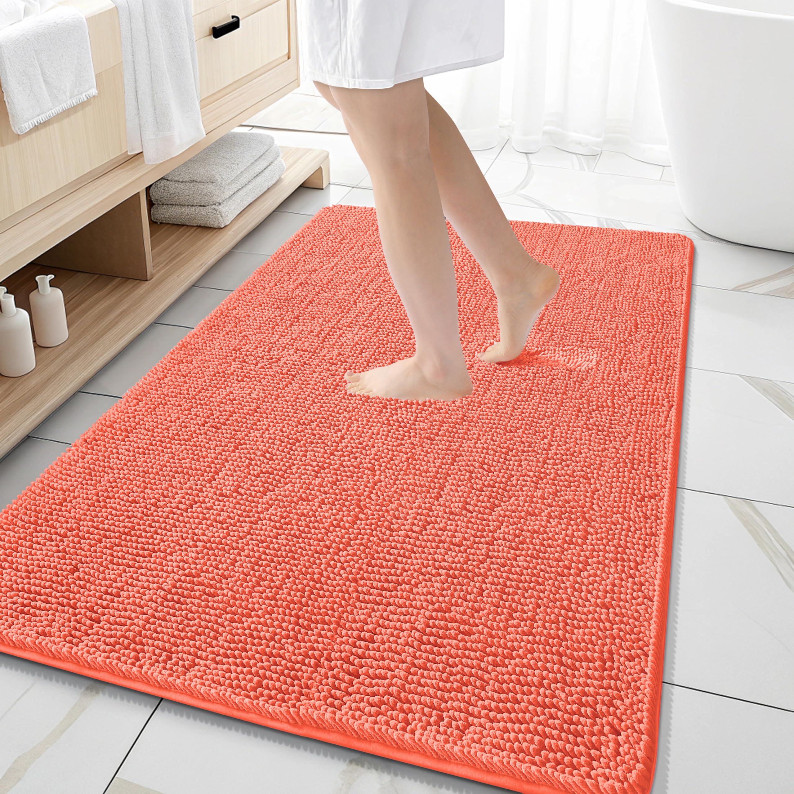 OLANLY Large Bathroom Rugs 59x35, Extra Soft Absorbent Chenille Bath Rugs | Coral, Quick-Drying Rubber Backing, Machine Washable Bath Mat for Bathroom Floor, Tub and Shower, Home Decor Accessories