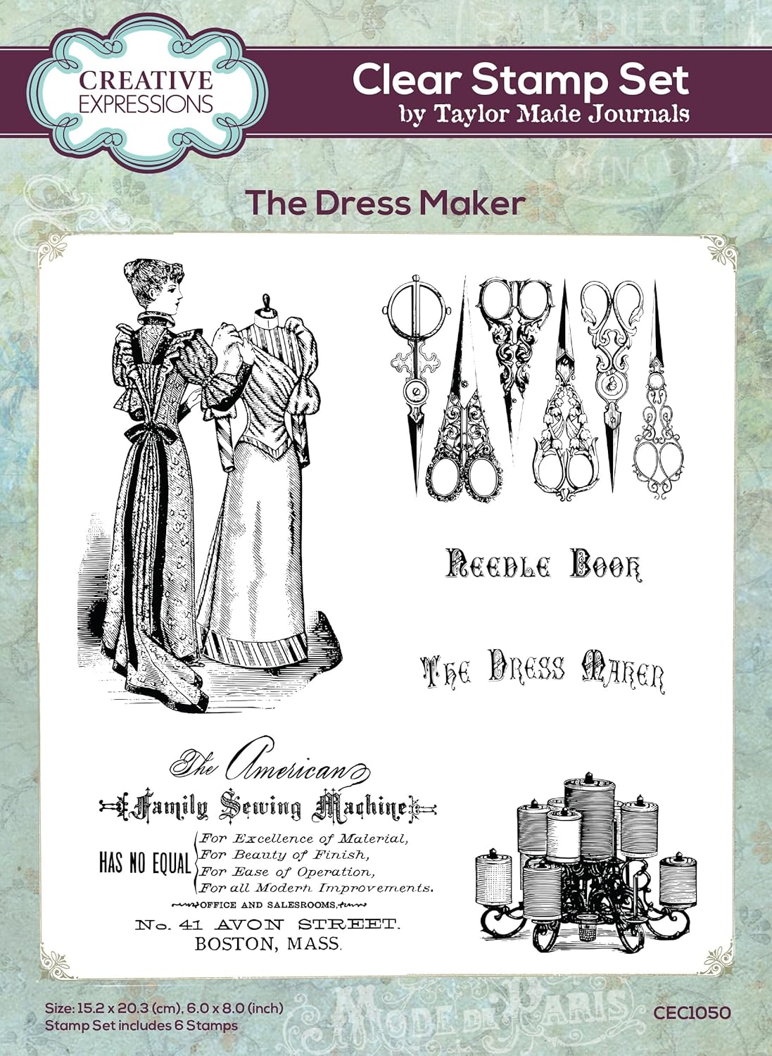Creative Expressions Taylor Made Journals The Dress Maker 6 in x 8 in Clear Stamp Set, 6 x 8