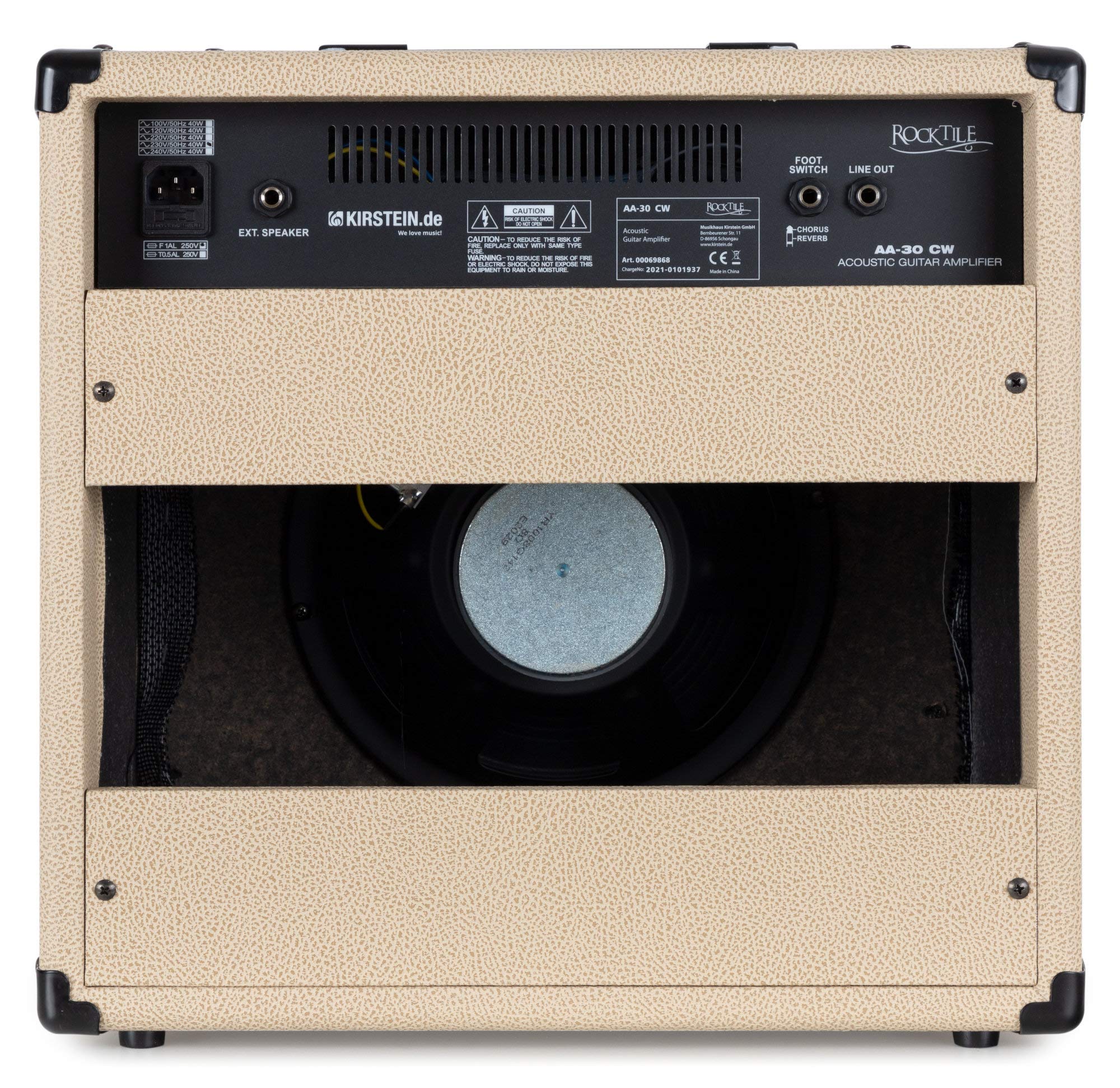 Rocktile AA-30 CW Eric Akustikverstärker - 30 Watt - 2 Kanäle (Mikrofon und Gitarre) - 10" Speaker + 2,5" Hochtöner - AUX-Eingang und Line Out - Chorus- und Hall-Effekt - Creme