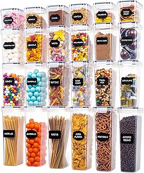 Oizeir Airtight Food Storage Containers Set - Air Tight with Lids - Pasta Flour Sugar Cereal - Storage Containers for Food Clear-24 Pack