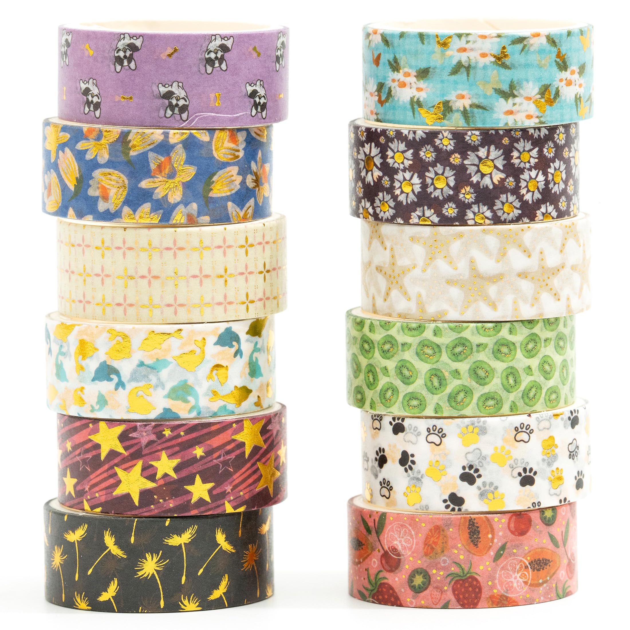Songdao 12 Rolls Charming Washi Tape Set Gold Silver Foil Detailing Arts Adhesive Tapes Basic Patterns Decorative Masking Tape Sets for Craft, Kids, Scrapbook, DIY, Gift Wrapping (Mystical Forest)