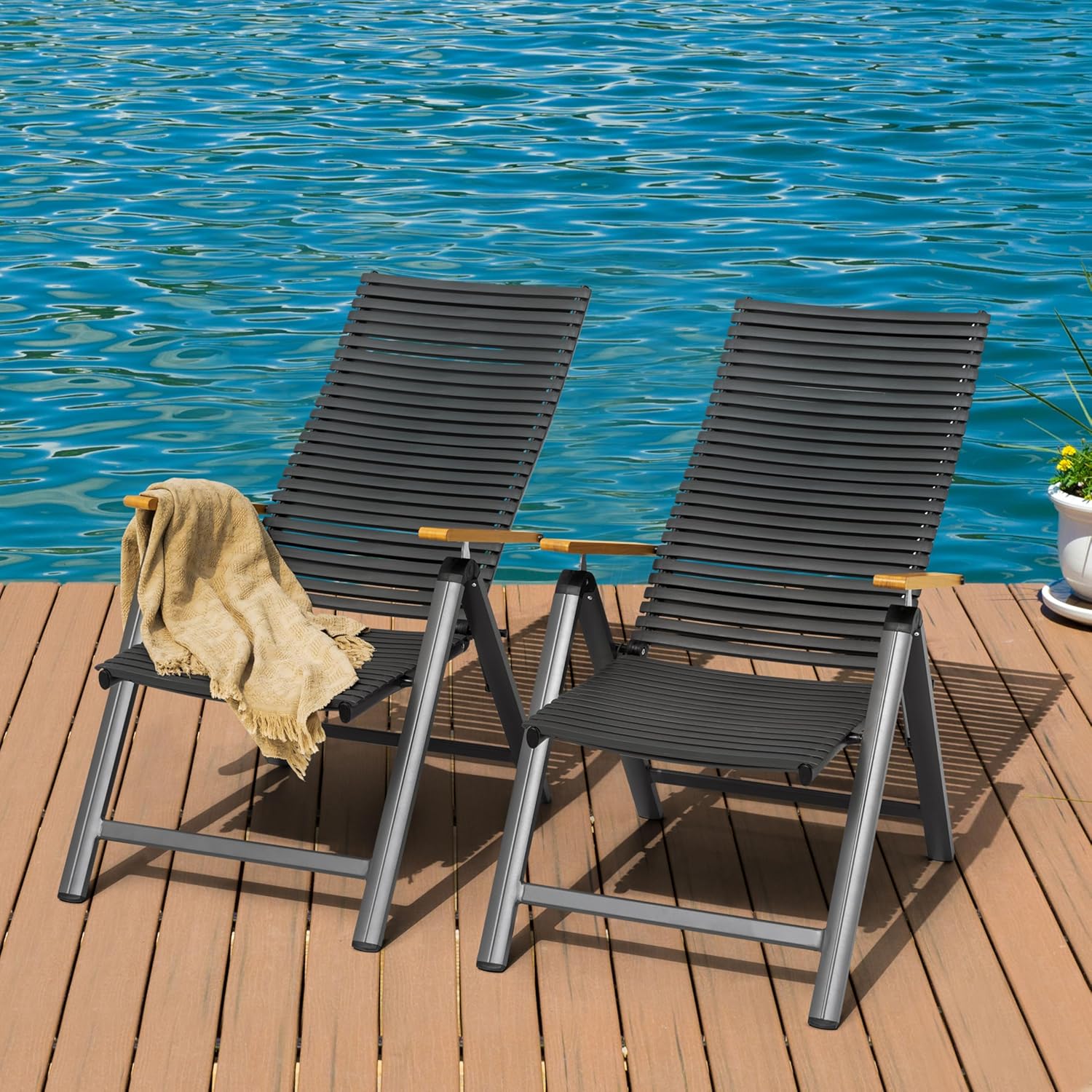NUU GARDEN 2 Piece Outdoor Folding Patio Chairs, Outdoor Lawn Chairs, Patio Dining Chairs with Adjustable Backrests, Rust Proof and Lightweight Aluminum Frame, for Garden, Porch, Yard, Dark Gray