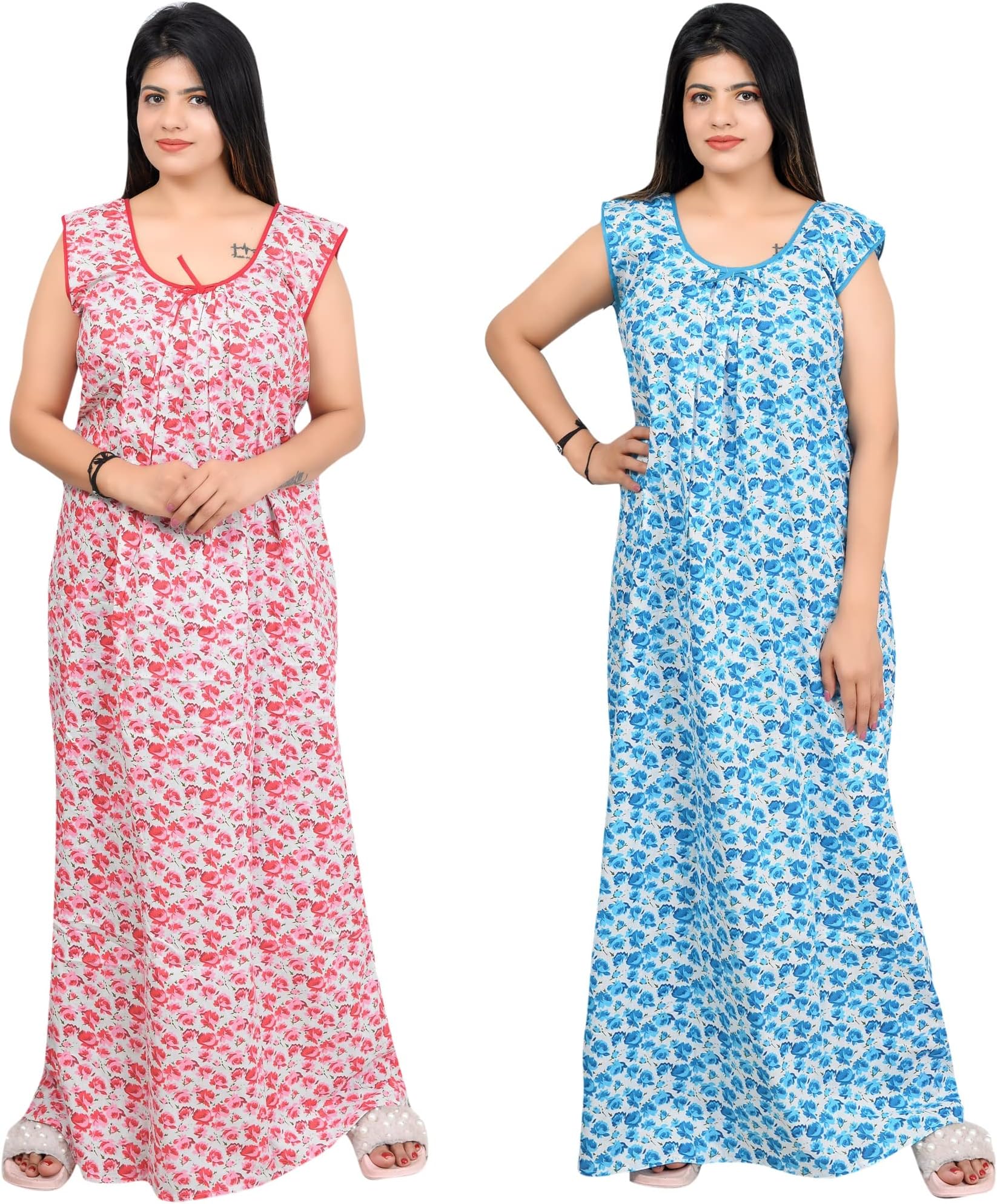MNN Women Cotton Magnen Rose Printed Sleeveless Maxi Nighty Dresses (Red Blue) (Pack of 2)_(Free Size)