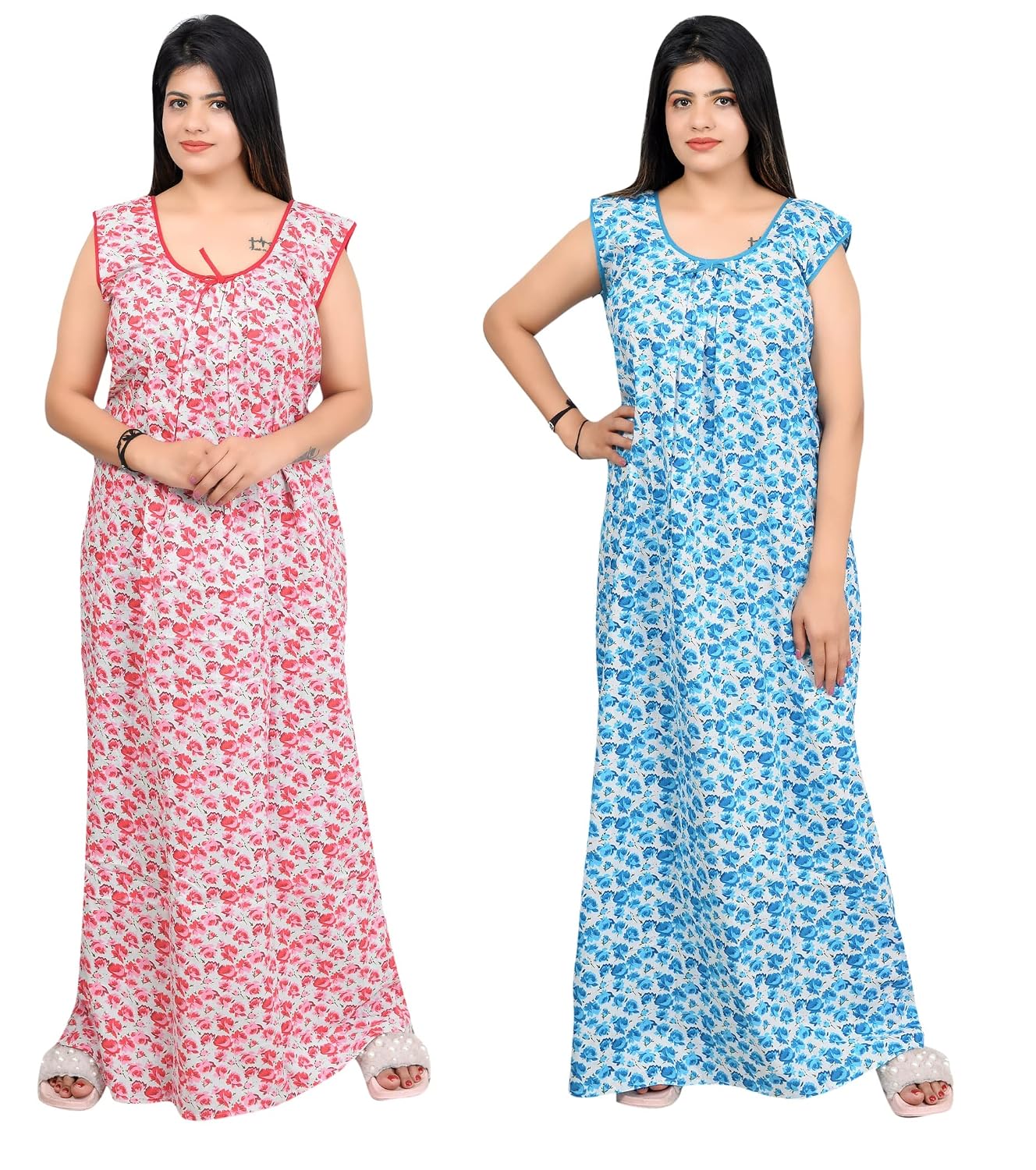 MNN Women Cotton Magnen Rose Printed Sleeveless Maxi Nighty Dresses (Red Blue) (Pack of 2)_(Free Size) - Review, Price and Buying Guide