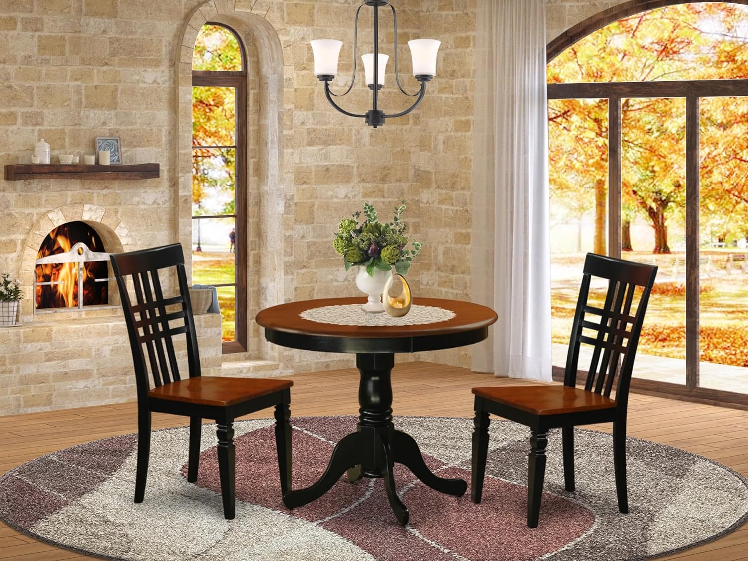 East West Furniture ANLG3-BCH-W 3 Piece Dining Room Table Set Contains a Round Kitchen Table with Pedestal and 2 Dining Chairs, 36x36 Inch, Black & Cherry