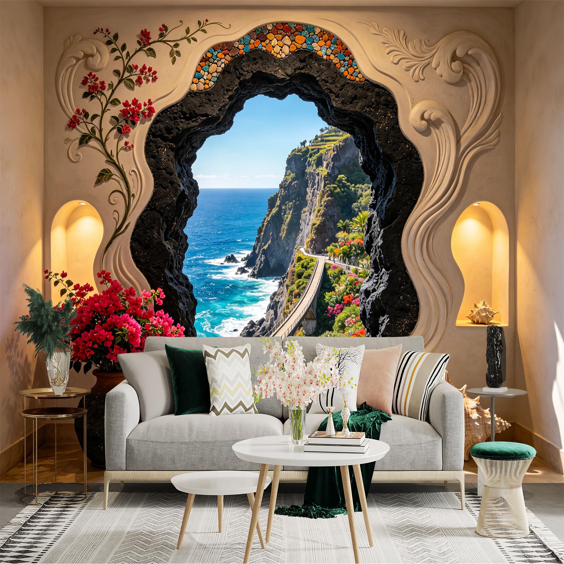 Custom Size Wall Sticker Mural， Coastal Cliff Ocean View with Floral Arch and Scenic Path， for wall Decoration， peelandstick wall Decals.