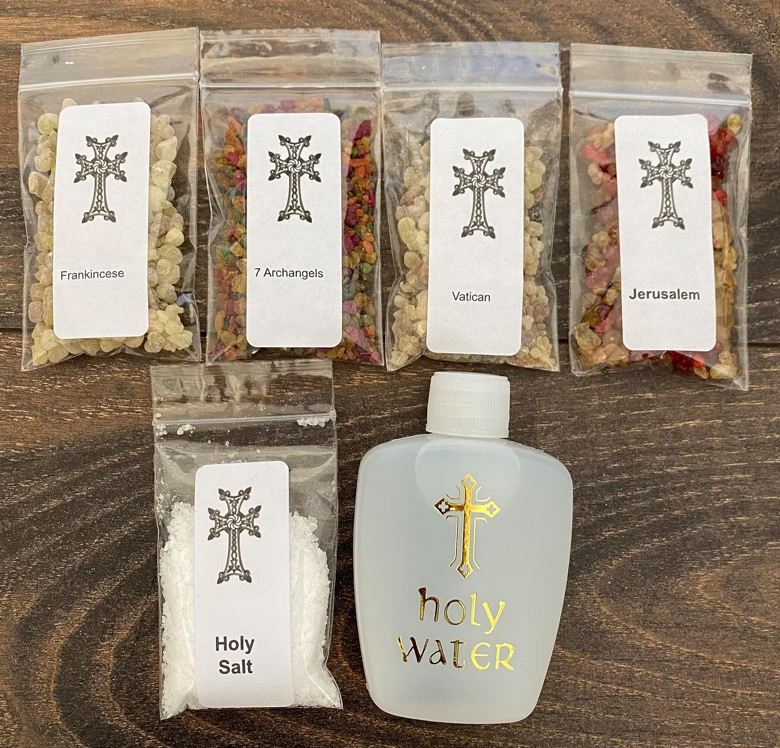 Frankincense Incense Gift s et Comes with 1/2 oz Each of Frankincense,Vatican, Jerusalem, 7 Arch Angels (with aditional Blessed/holy Salt and Water for You Energy Rituals, Our Gift to You.)