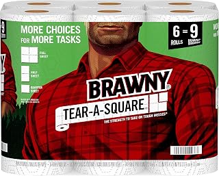 Brawny Tear-A-Square Paper Towels, 6 Giant Rolls = 9 Regular Rolls, 3 Sheet Size Options, Quarter Size Sheets
