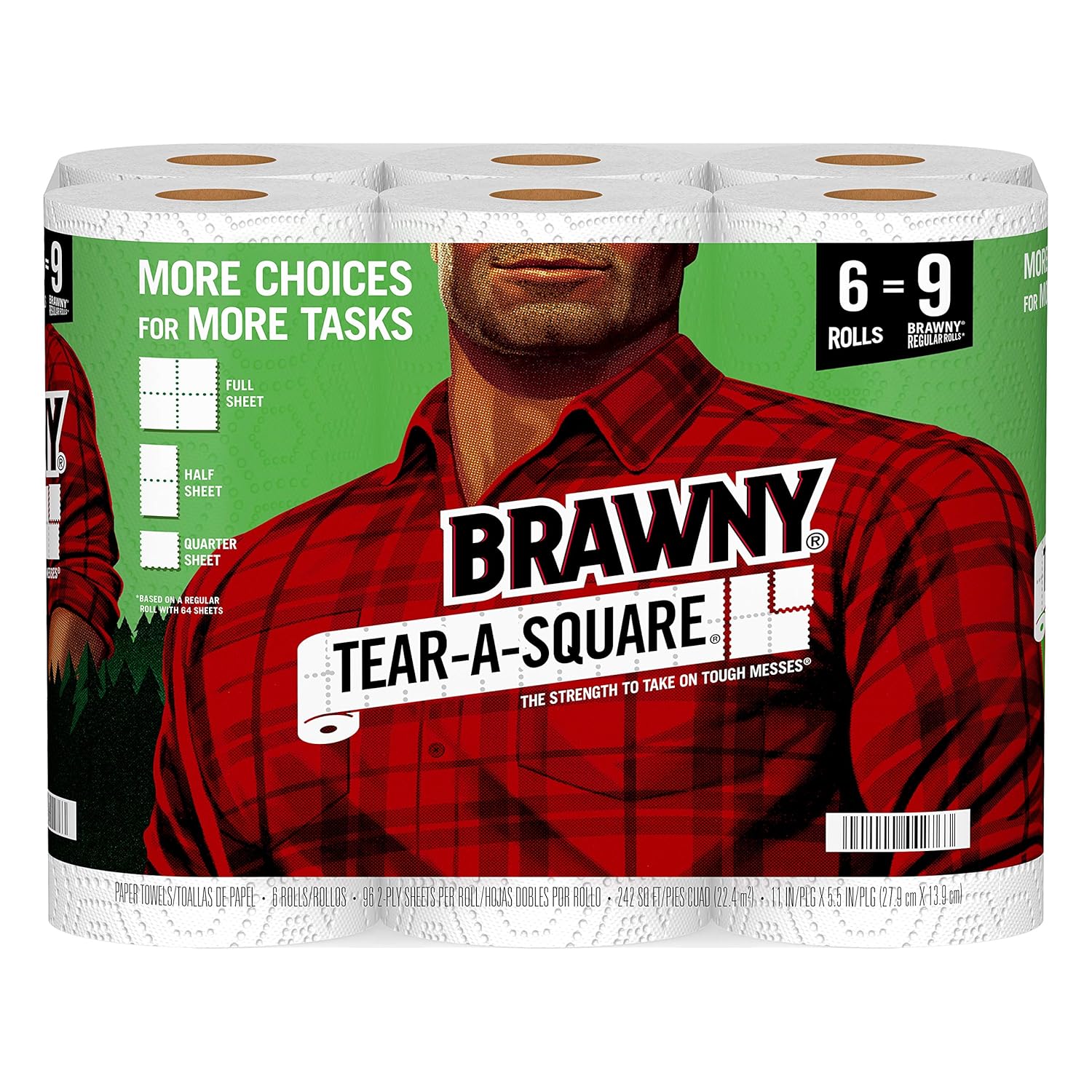 Brawny Tear-A-Square Paper Towels, 6 Giant Rolls = 9 Regular Rolls, 3 Sheet Size Options, Quarter Size Sheets : Grocery & Gourmet Food