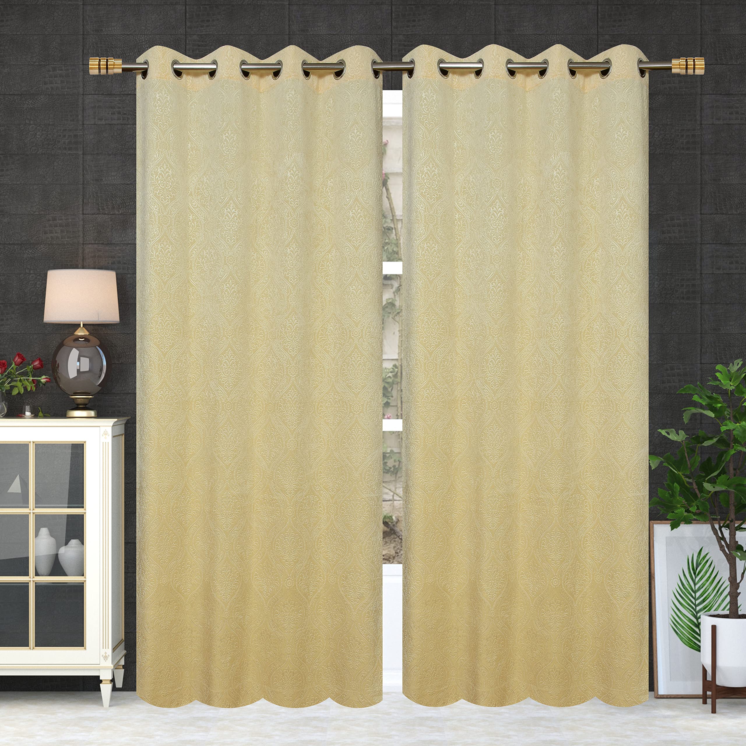 Velvet Embossed Curtains - 7 Feet Long, Cream -3 Velvet Embossed Curtains - 7 Feet Long, Cream -3