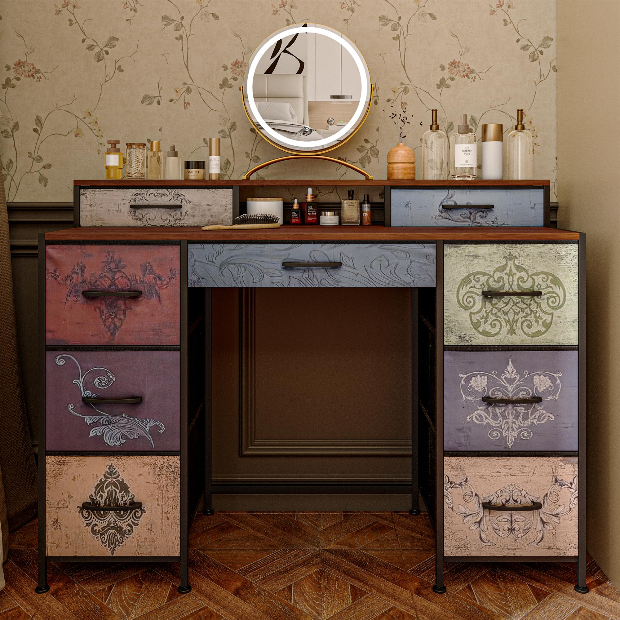 Tavolo da toeletta in legno con 8 cassetti, scrivania con cassetto e deposito in stile industriale, tavolo da trucco vintage senza specchio, mobile multiuso per camera da letto o ufficio (legno, 121 x