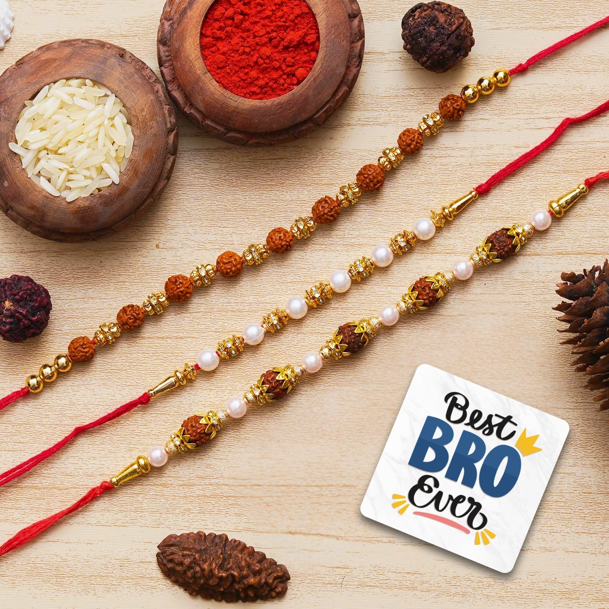 eCraftIndia Set of 3 Pearl, Diamond, Rudraksha Designer Rakhis, Best Bro Ever Fridge Magnet with Roli Chawal Pack - Rakhi for Brother, Bhaiya, Bhai-picture-37