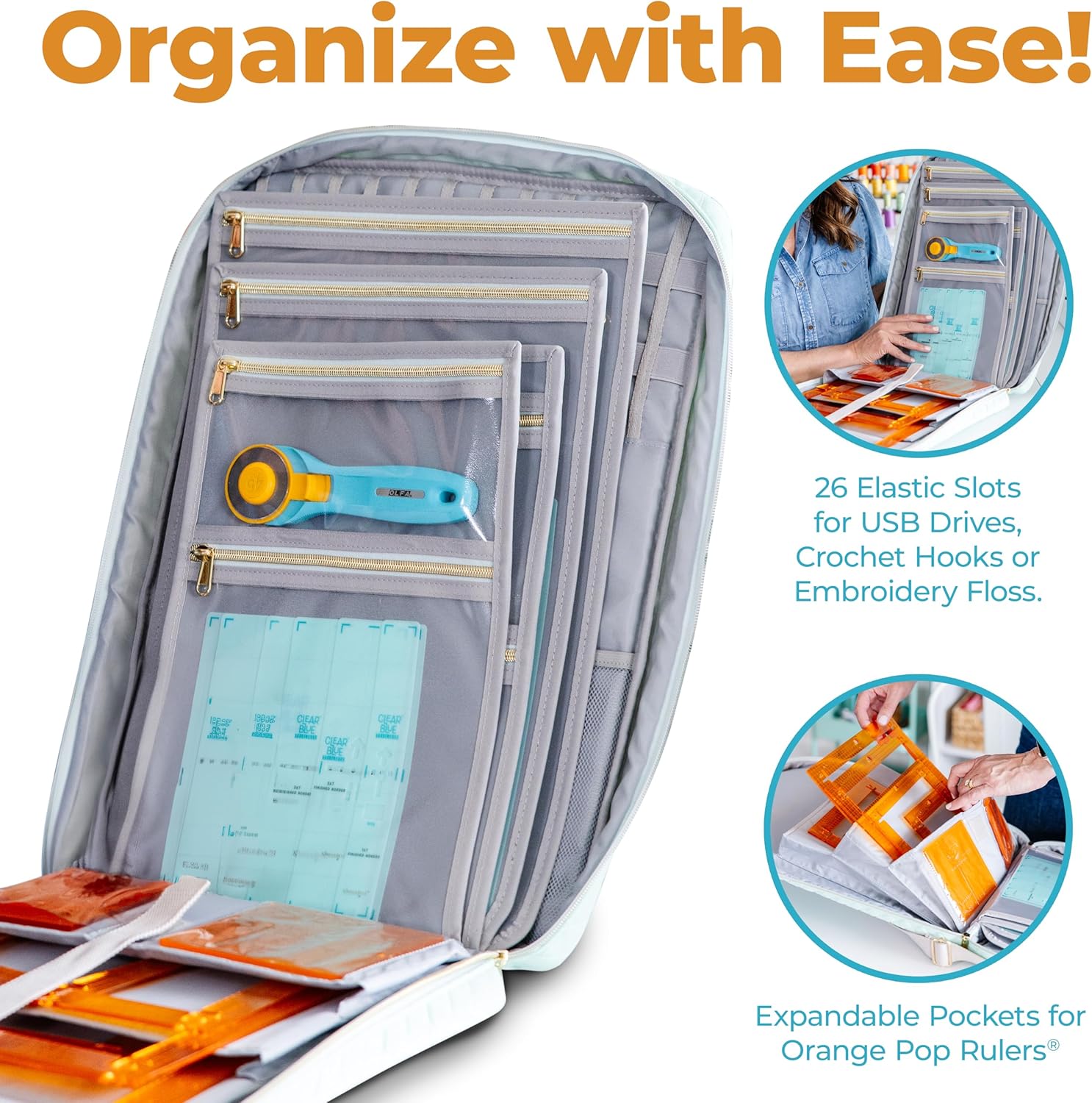 Kimberbell Tool Tote - Embroidery Bag for Quilting Supplies, Embroidery Organizer for Clear Blue Tiles, Orange Pop Rulers, and Sewing Supplies, Chic Craft Travel Bag, Craft Bag for Embroidery